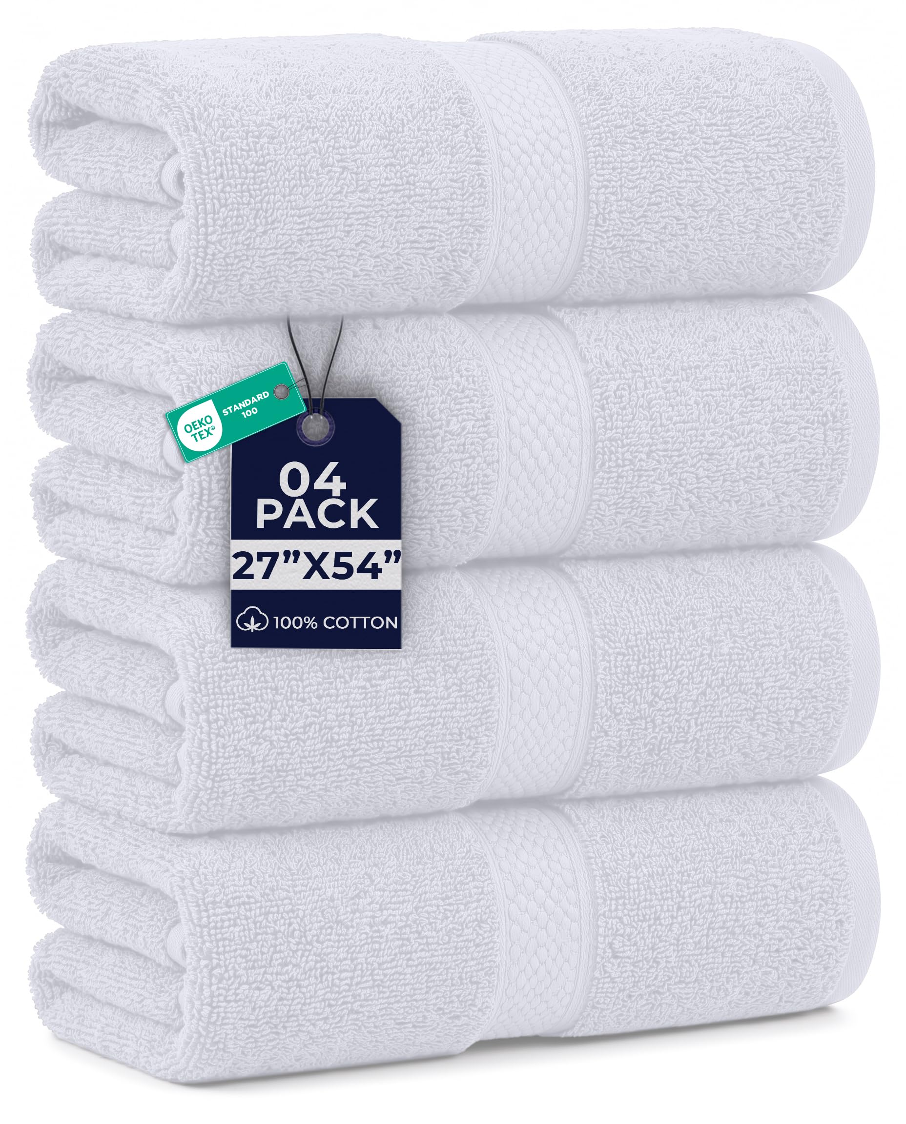 DAN RIVER 600 GSM Cotton Large Bath Towels Set of 4, 27 x 54 Inches, White