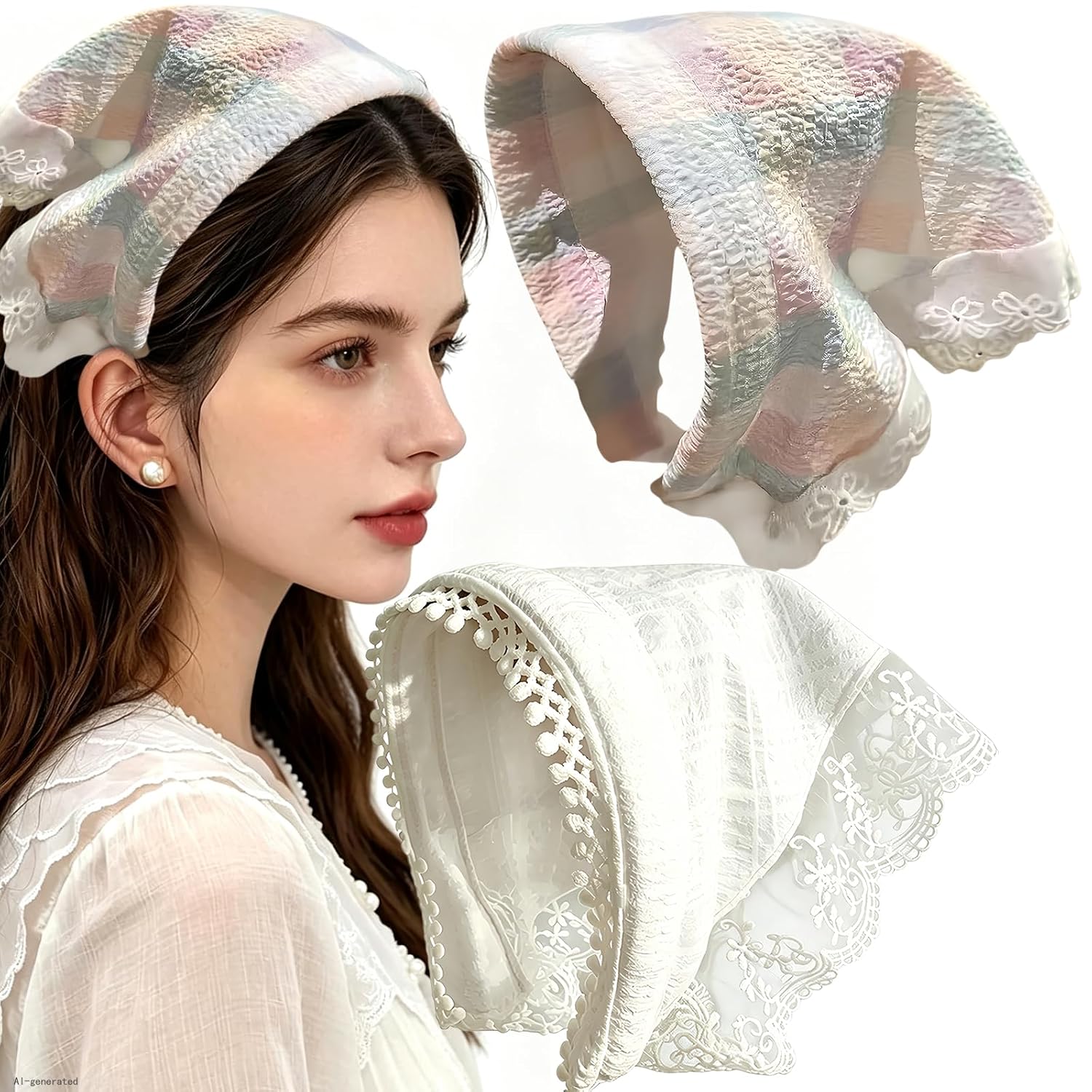 2 PACK Hair Scarf Headband for Women, Lace Hair Bandana, Non-Slip Hair Soft Head Coverings Boho Triangle Bandana Turban for Hair Styling(White and Colored)