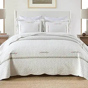 MarCielo 3-Piece 100% Cotton Oversized Bedspread Lightweight Quilt Coverlet Embroidery Farmhouse Bedding Set (Sakura White, Oversized Queen (100"x106"))