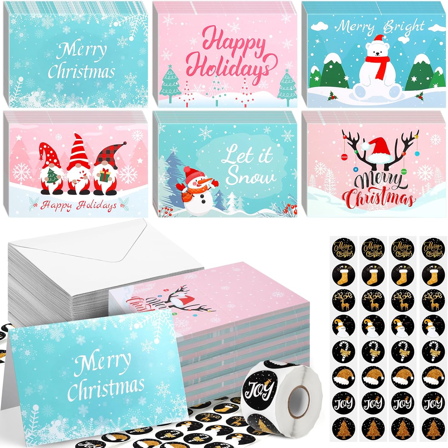 Gueevin 150 Pieces Winter Snowman Holiday Cards Bulk with 150 Pcs White Envelopes and 500 Pcs Stickers 4"x 6" Winter Holidays Cards for Christmas Birthday Anniversary Family Friend, 6 Assorted Designs