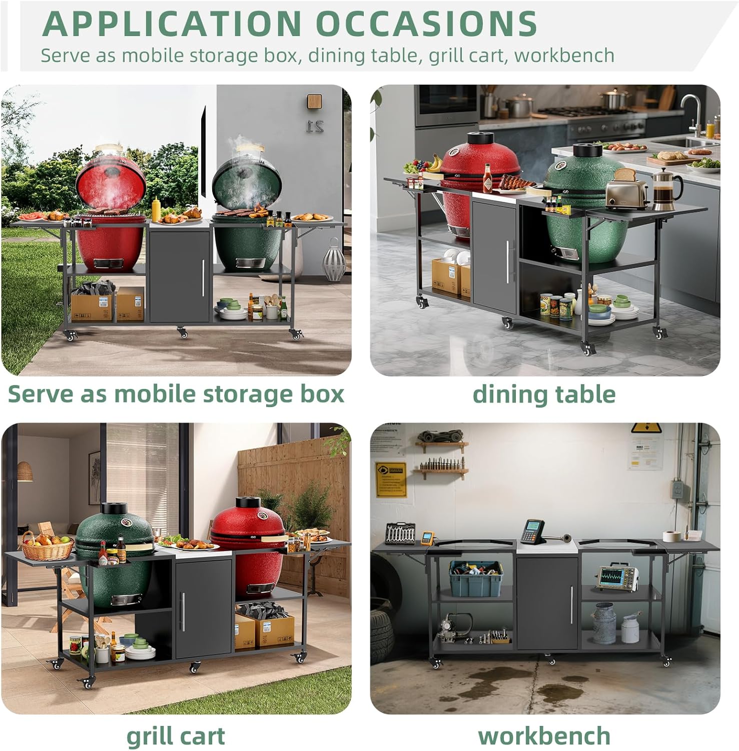 Outdoor Grill Table for Double Big Green Egg Style BBQ, Metal Grill Cart with Storage Box, Compatible with up to Large, Medium Green Egg, Kamado Joe Jr (101.7" L x 26" W x 35" H - Large)
