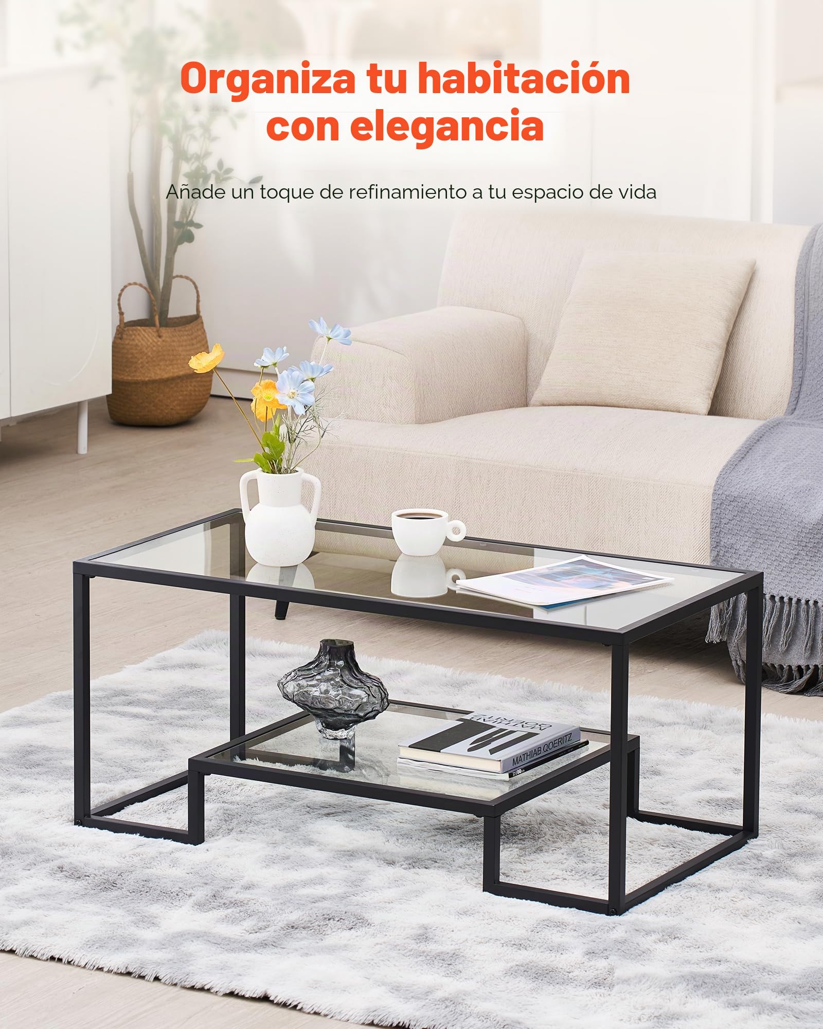 VEVOR Mesa Auxiliar de Cristal Templado, Rectangular, con Dos Niveles y Espacio de Almacenamiento Abierto, Diseño Moderno con Estructura Metálica, para Salón u Oficina, 100 x 51 x 46 cm, Negro