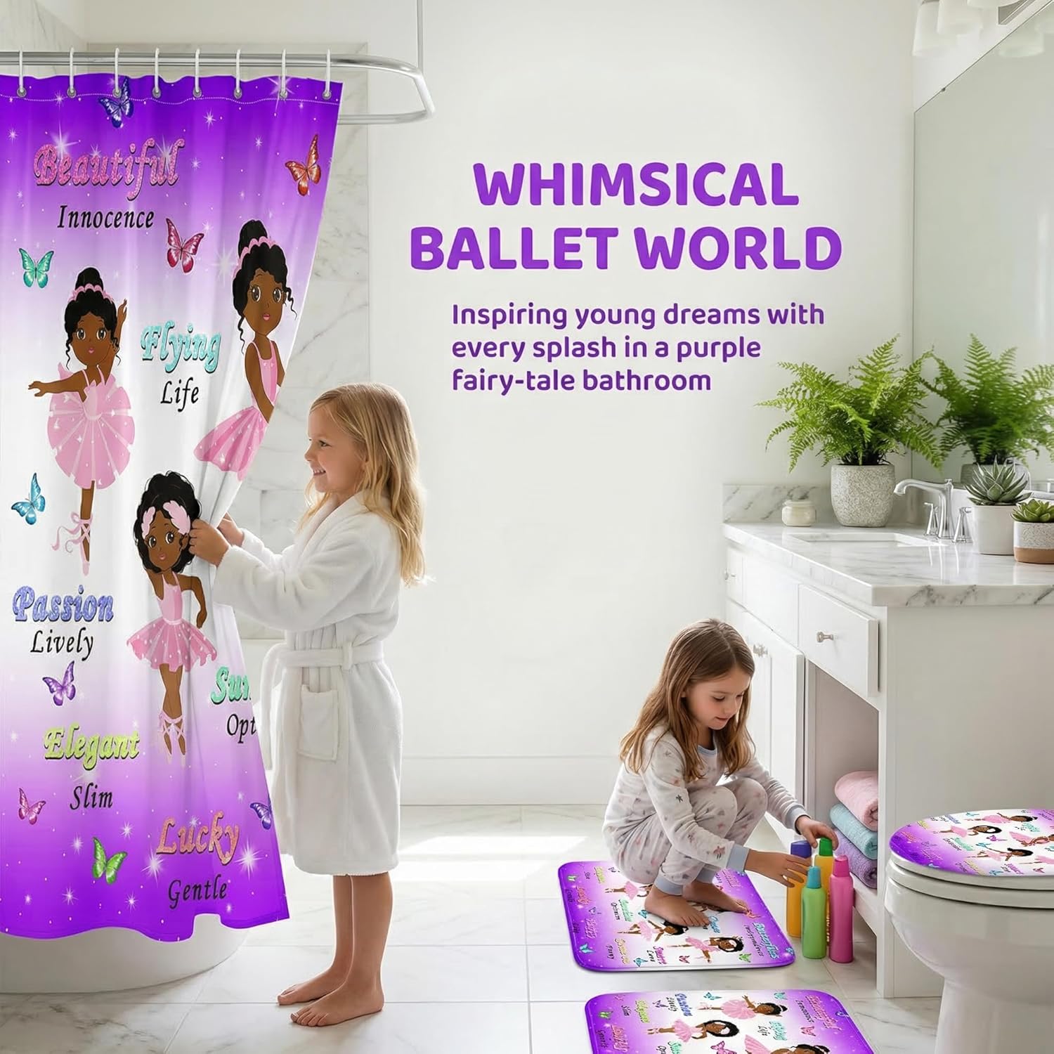 BATATADOCE 4pcs Black Girl Shower Curtain - Girls Bathroom Set Kids Bathroom Set Shower Curtain Includes Rugs Toilet Lid Cover and U Shape Mat and 12 Hooks,70"X70"