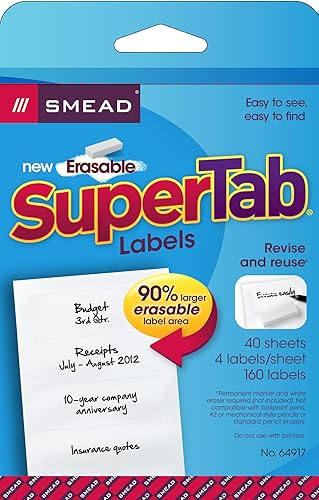 Smead Etiquetas borrables SuperTab para carpetas de archivos, blancas, 160 etiquetas por paquete (64917)
