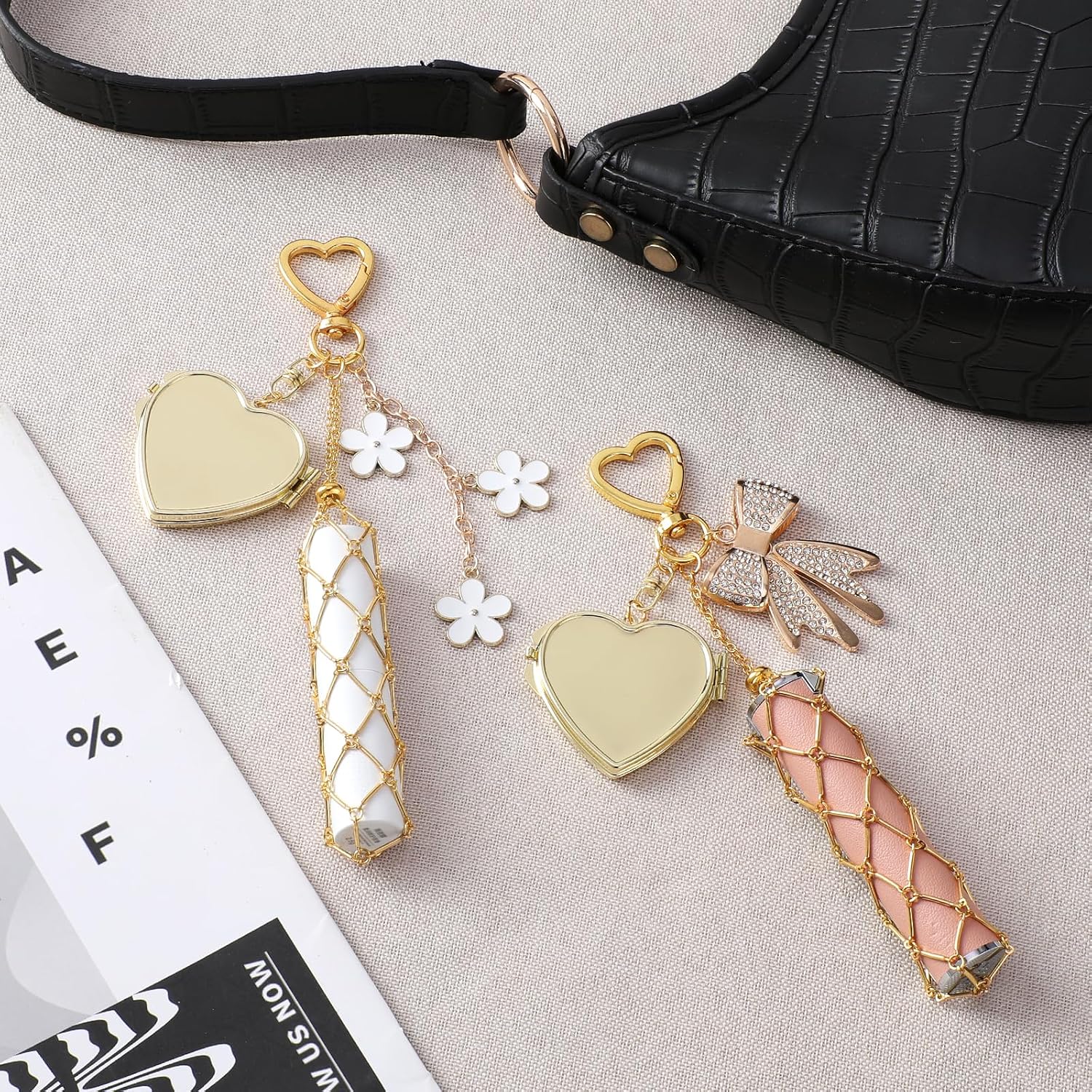 Lip Balm Keychain with Mirror - Stainless Steel Mesh Bag Keychains, Lipstick Storage Case for Women Bags Purses