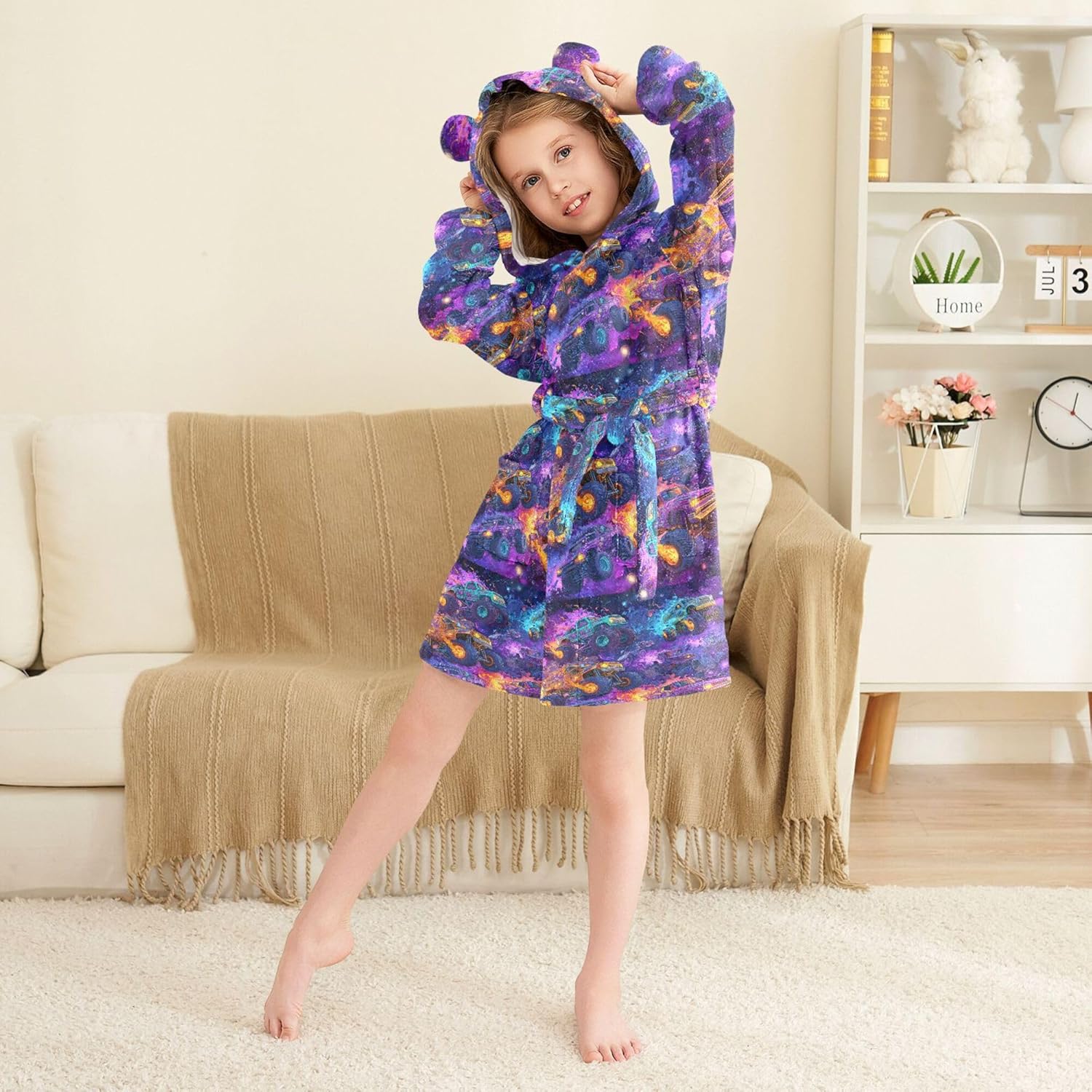 Monster Truck Cars Tie Dye Bathrobe Hooded PJ Robe Soft Fleece Robe Sleepwear 2-12 Years