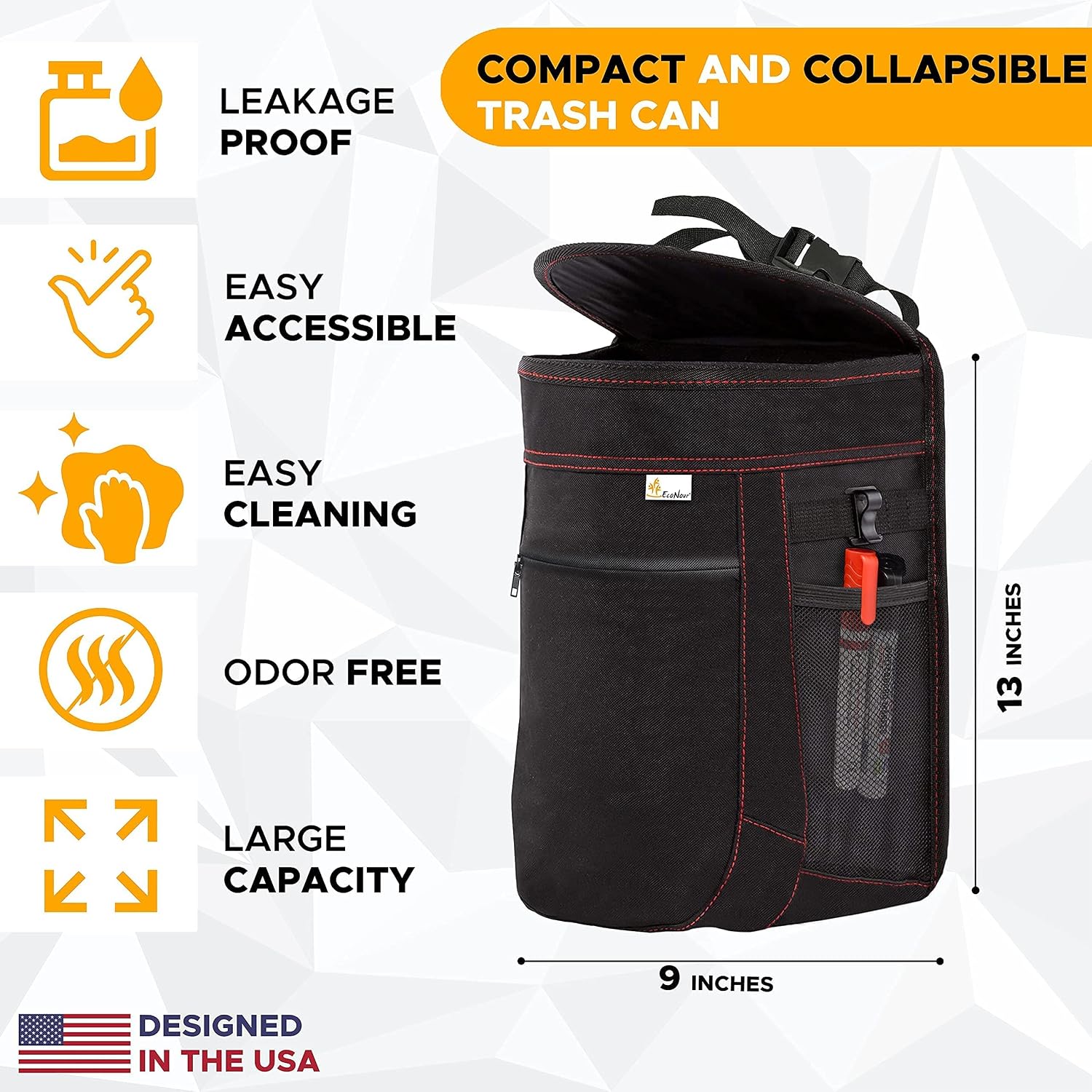 EcoNour Car Trash Can with Lid & Storage Pockets | Waterproof Garbage Bag for Car with 2.5 Gallons | Hanging Car Organizer with Removable Inner Can | Multipurpose Bag | Black