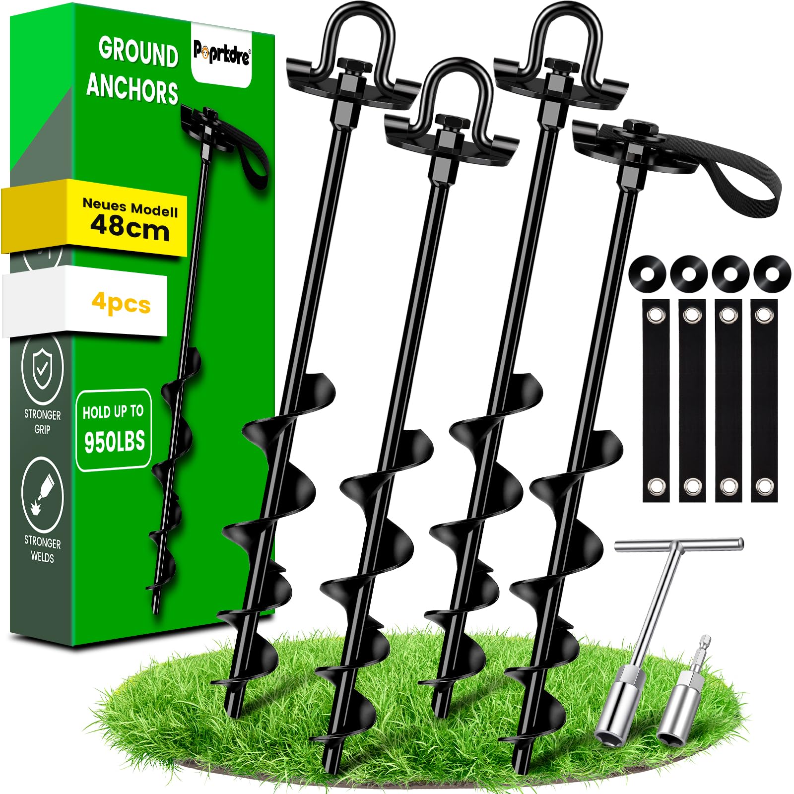 Piquets 40 cm 4 pièces avec sangles, double fixation pour ancrages au sol, piquets robustes à visser, idéal pour accessoires de trampoline, résistant au vent fort - 1