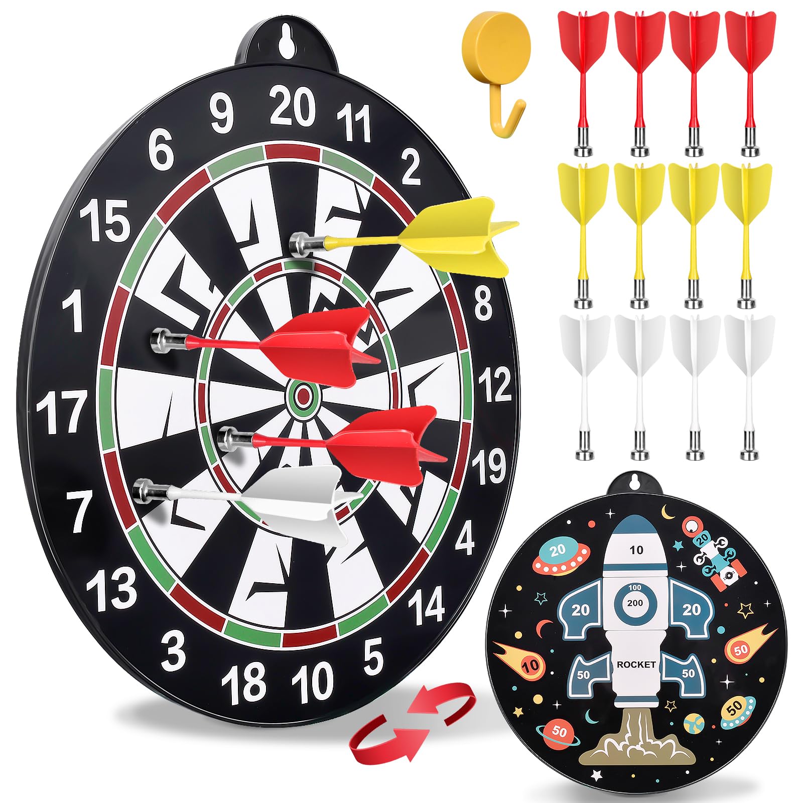 Flintronic Double-Sided Magnetic Safe Dartboard Set with 12/14 Darts, Double Sided, Hanging Roller Up, Indoor/Outdoor Party Game