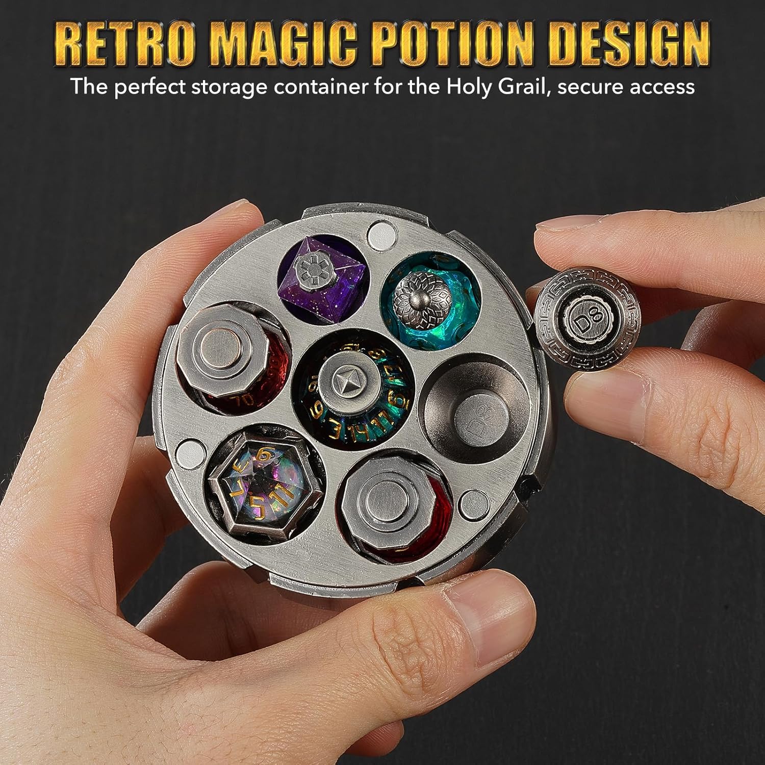 2026 DND Dice Set Alchemist’s Metallic Elixir Metal Dice Set - 7-Piece RPG MTG Collection in Vintage Chalice Caser Dice Box for D&D Dungeons and Dragons MTG Role Playing Games （Silver）