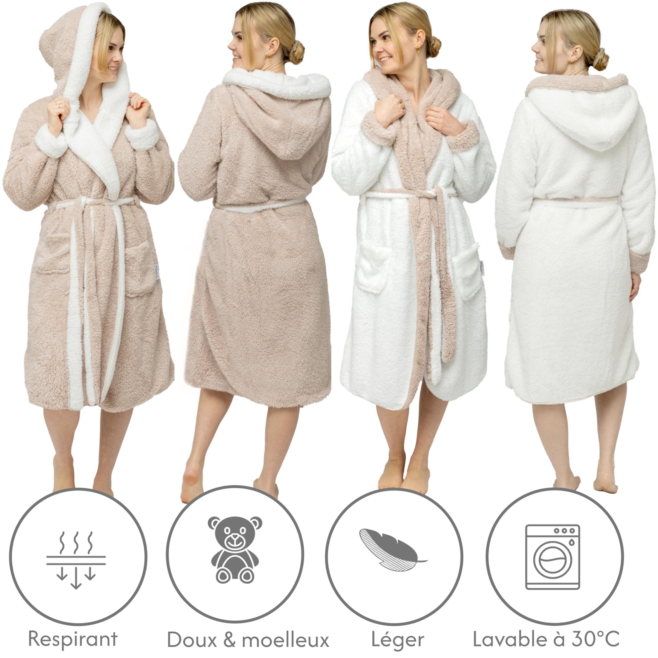 Peignoir moelleux pour femme - Avec fonction réversible douillet à capuche Robe de Chambre de Bain Cocooning Douillet