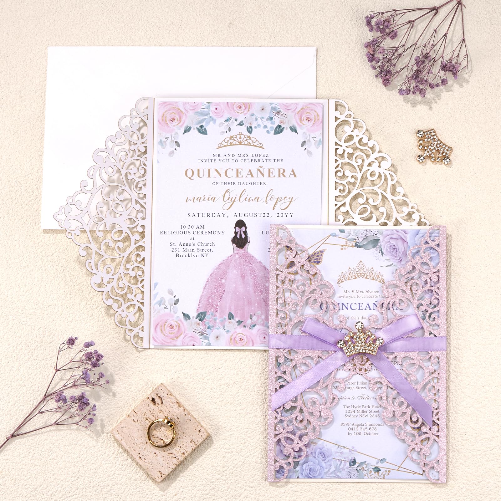 Hochzeitseinladungen, hohl, lasergeschnitten, mit Umschlägen und RSVP-Karten für Quinceañera-Verlobung, 25 Stück