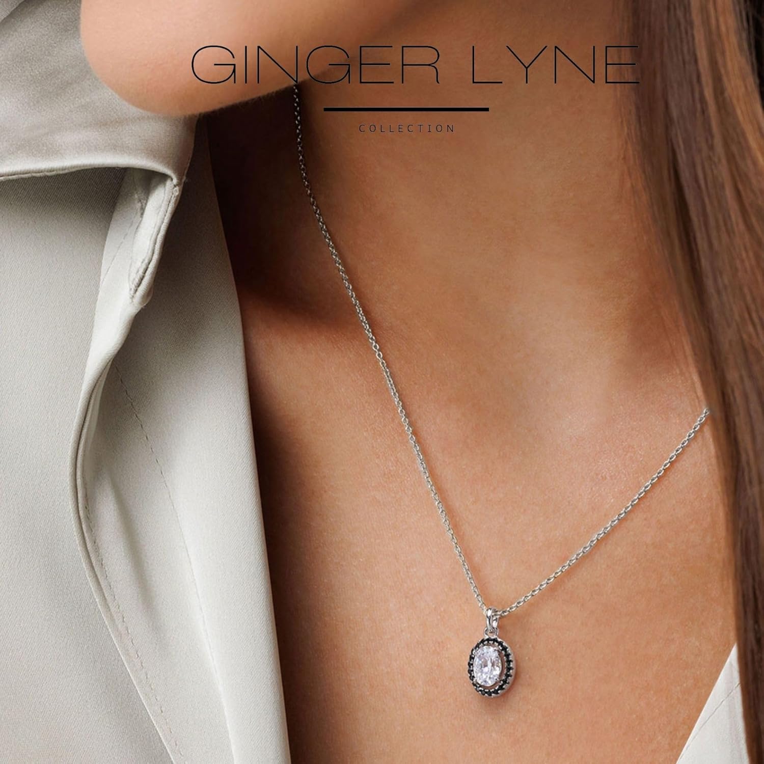 Halo Black Faux Diamond Pendant Necklace for Women Oval Cut Cz 14k White Gold Plated Sterling Silver Cubic Zirconia Necklace for Her by Ginger Lyne Curb Chain Minimalist Jewelry