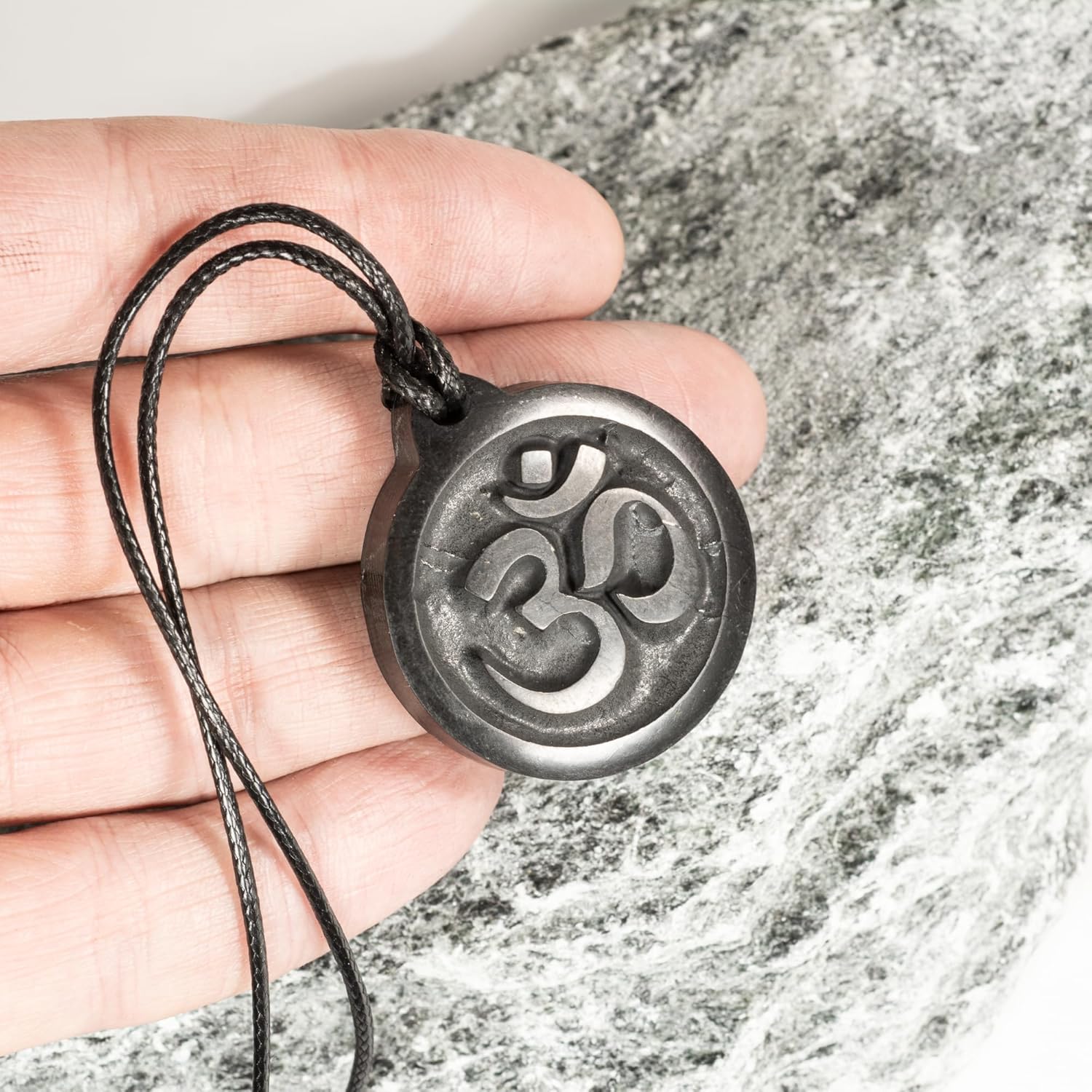 Om Symbol Shungite Pendant Necklace, Black Natural Stone, 1.45 Inch Hand-Engraved Design with Adjustable Cord 12-26 Inch, for Spiritual Prayer