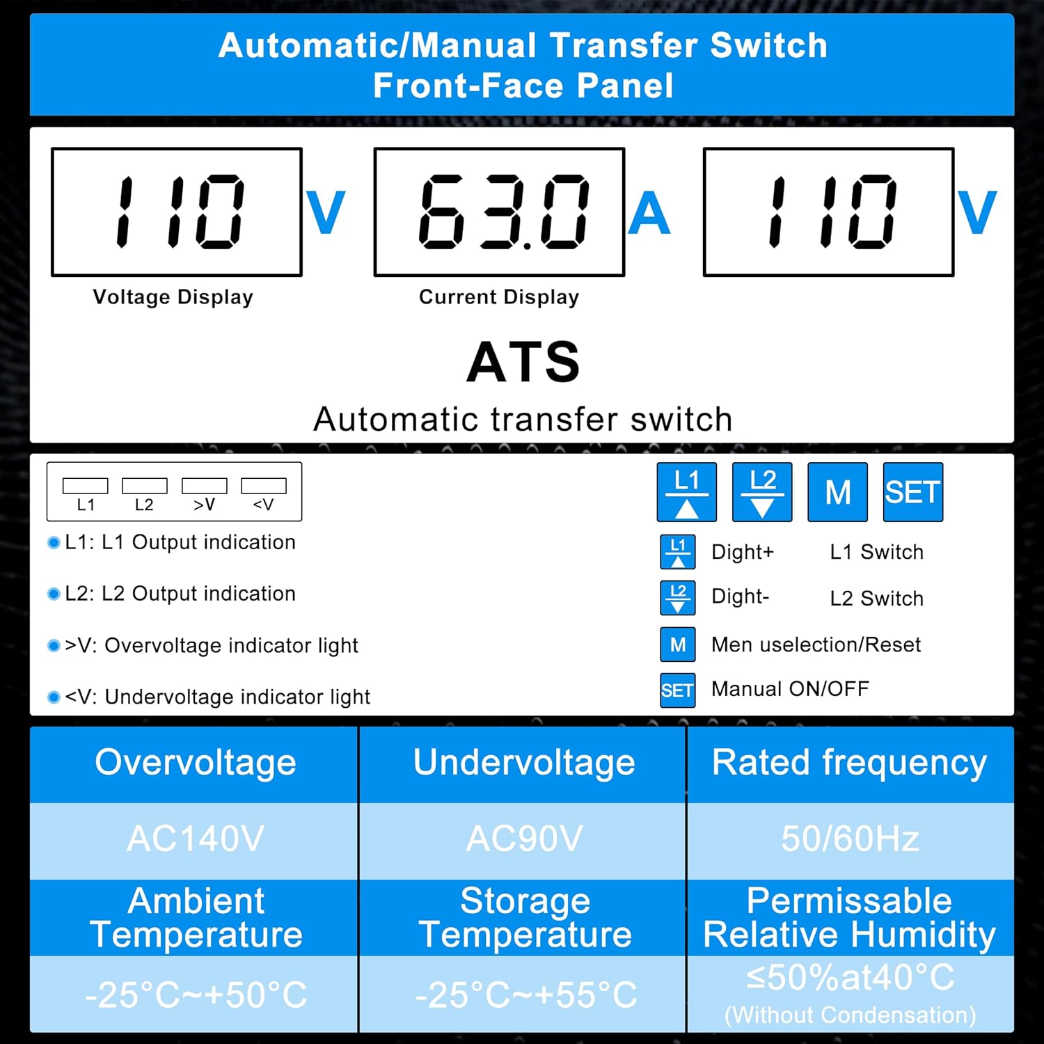 Dual Power ATS Househould Automatic Transfer Switch 2P 63A 110V 50/60Hz (63A 110V)