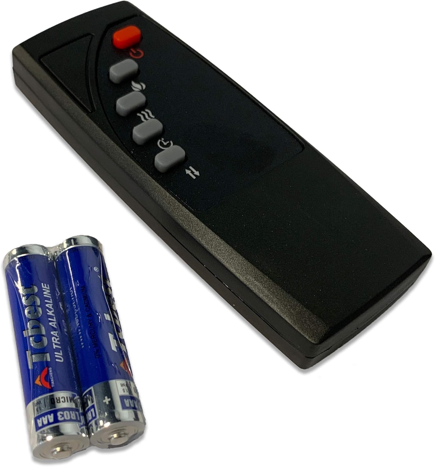 Black remote control for the electric fireplace with power, flame, heat, and timer buttons, alongside two AAA batteries.