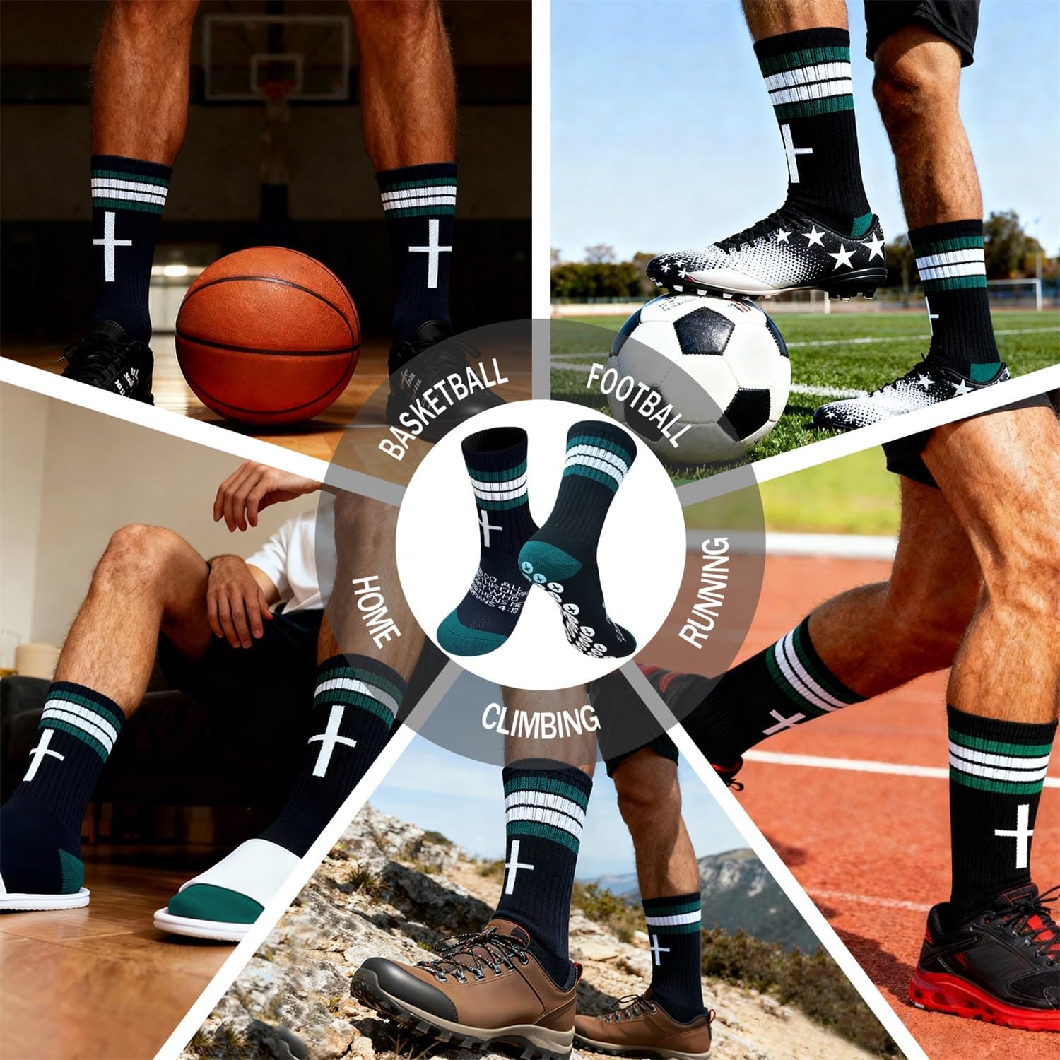 3 Pairs Christian Socks,Cotton Faith Prayer Sock,Cross Grip Soccer Socks with Bible Verse for Soccer,Gym US 6-13