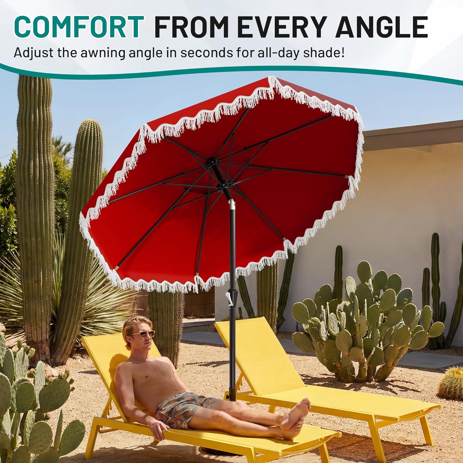 AreShark 9FT Patio Umbrella with Fringe, Wind-Resistant Fiberglass 8 Ribs Tassel Outdoor Umbrella with Crank and Push Button Tilt, Double Tier Vent Sun Shade for Pool, Deck, Backyard, Red