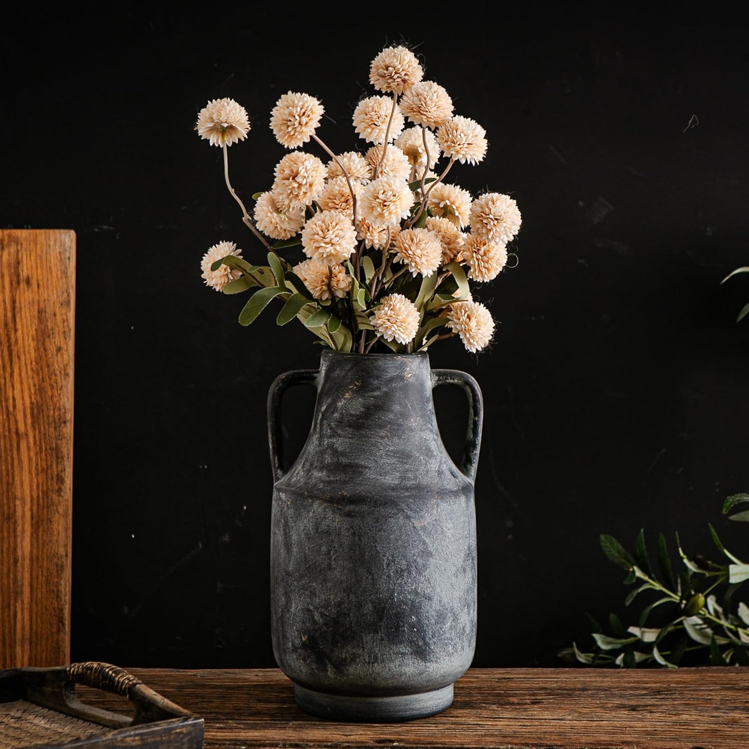 Tenoclock Ceramic Flower Vase with Handles, 11 inch Tall Vase for Centerpieces, Large Decorative Terracotta Vases, Farmhouse Rustic Vases for Home Decor, Living Room, Table, Neutral(Black-L-1622)