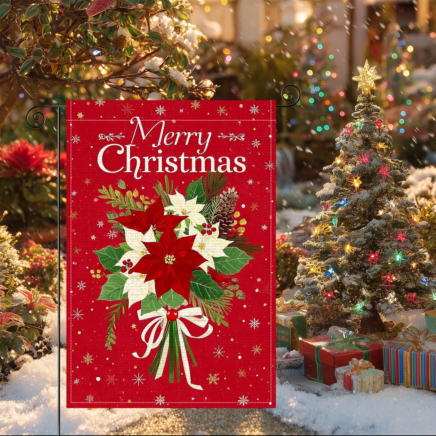 Merry Christmas Poinsettia Garden Flag 12x18 Inch Welcome Garden Flags Burlap Double-Sided Snowflakes Pinecones Holiday Banner Winter Flag for Yard Lawn Decoration - Image 9