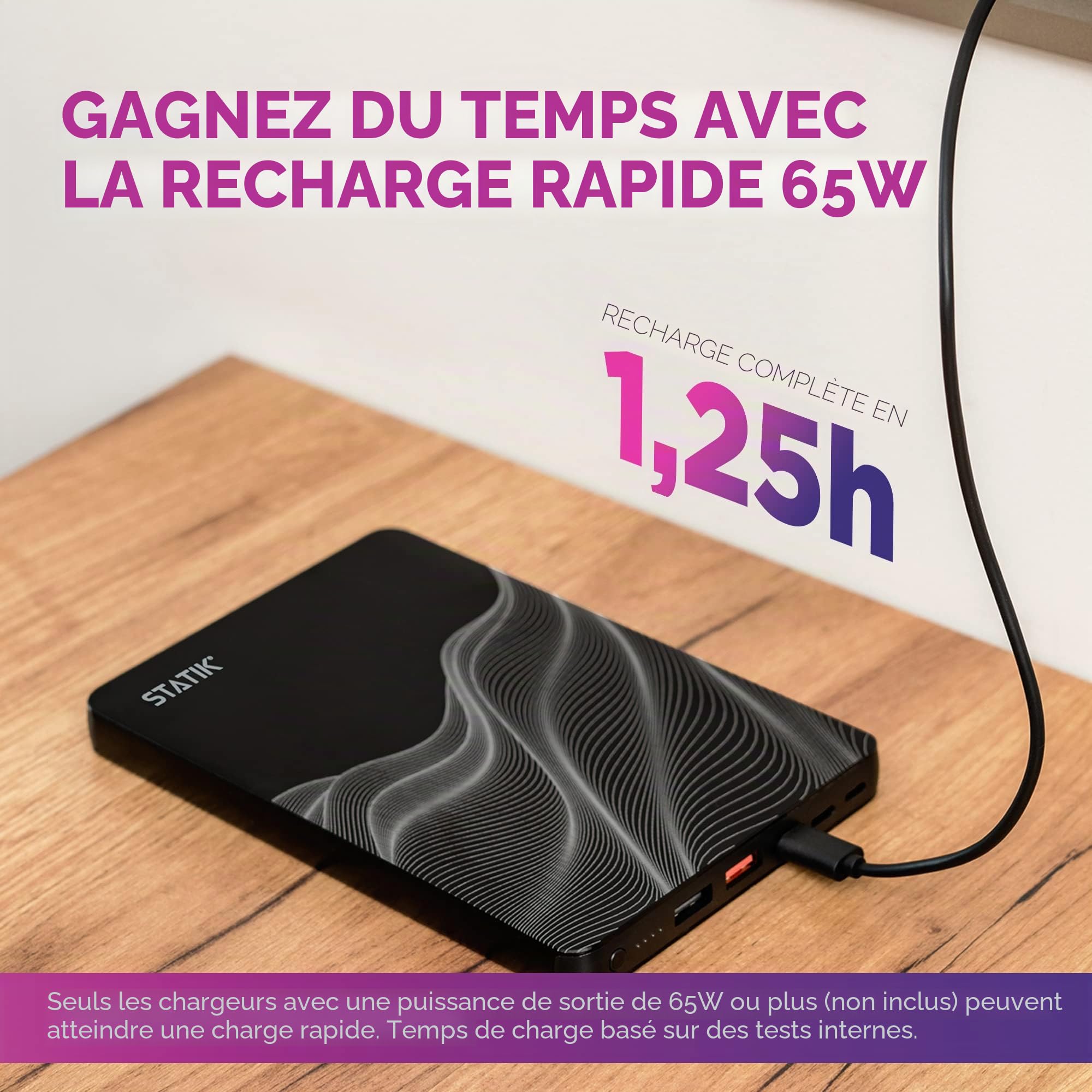 Statik Batterie externe pour ordinateur portable 65 W 20 000 mAh | Charge rapide puissante et fine | Charge 3 appareils à la fois | Chargeur portable USB-C pour ordinateur portable, batterie externe