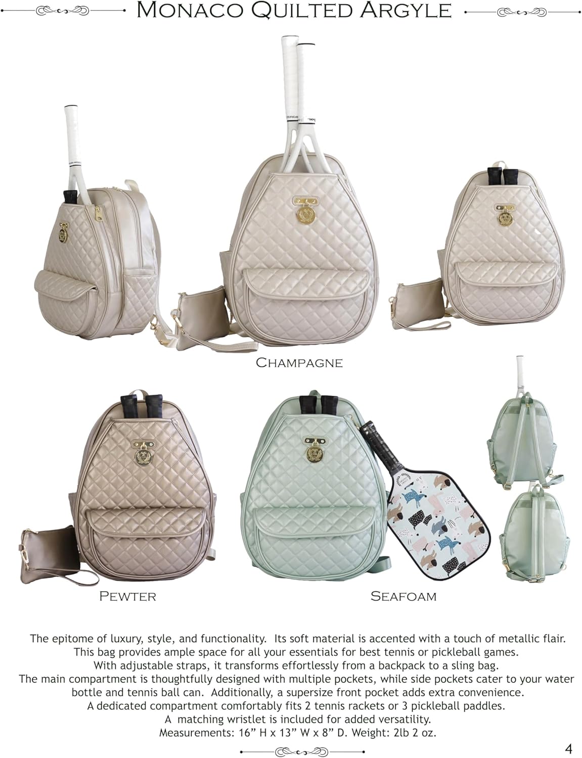 Court Couture Monaco Argyle Seafoam Tennis/Pickleball Backpack-Sling Bag.
