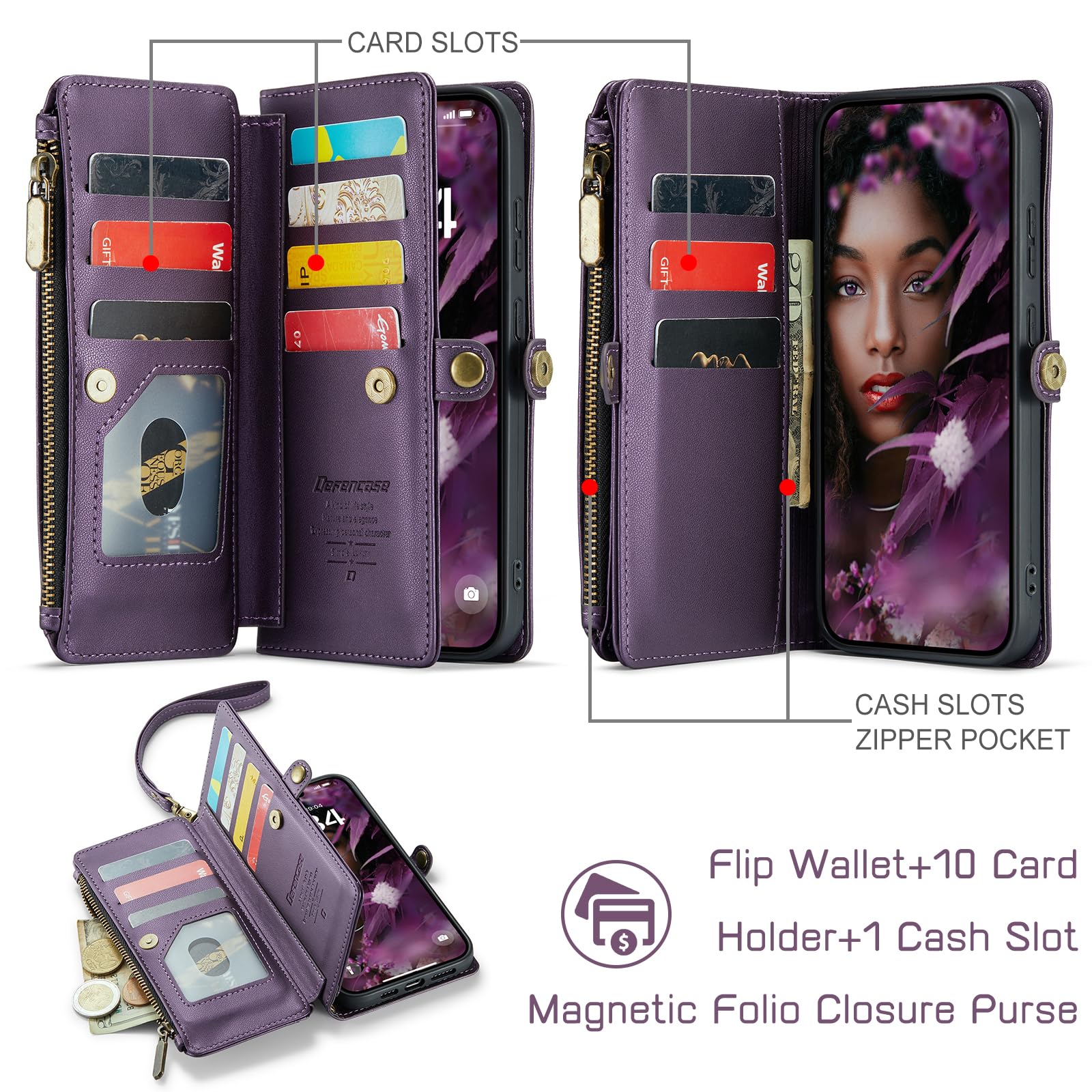 Defencase Compatible with Galaxy S21 FE 5G Case Wallet with RFID Blocking Card Holder for Women Men, PU Leather Magnetic Snap Flip Zipper Strap Phone Case Fit for Samsung Galaxy S21 FE 5G, Purple