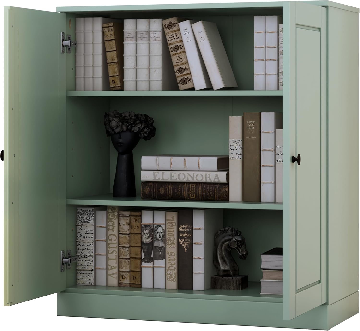 Palace Imports Solid Wood Bookcase - Floor Standing Bookshelf - 32” W - Display Furniture, Renewable 100% Eco-Friendly Wood, Made in Brazil (Sage, Wooden Doors | 3-Shelf Short Bookcase)