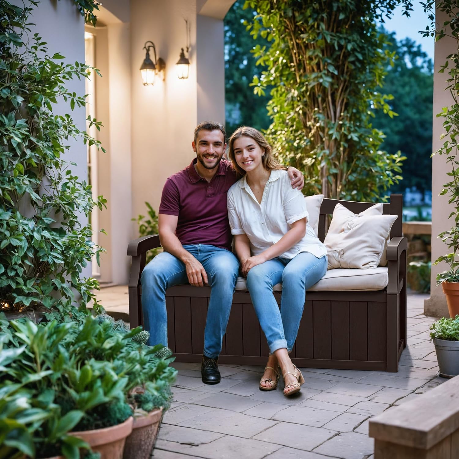 Devoko 80 Gallon Storage Bench Deck Box lockable for Patio Furniture, Garden Decor and Outdoor Seating for Cushions, Garden Tools and Pool Supplies.