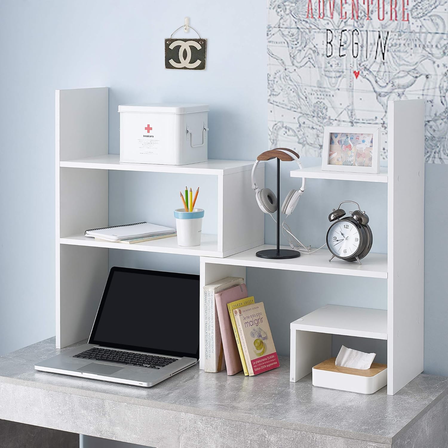 White Adjustable Compact Desk Bookshelf with Cubes