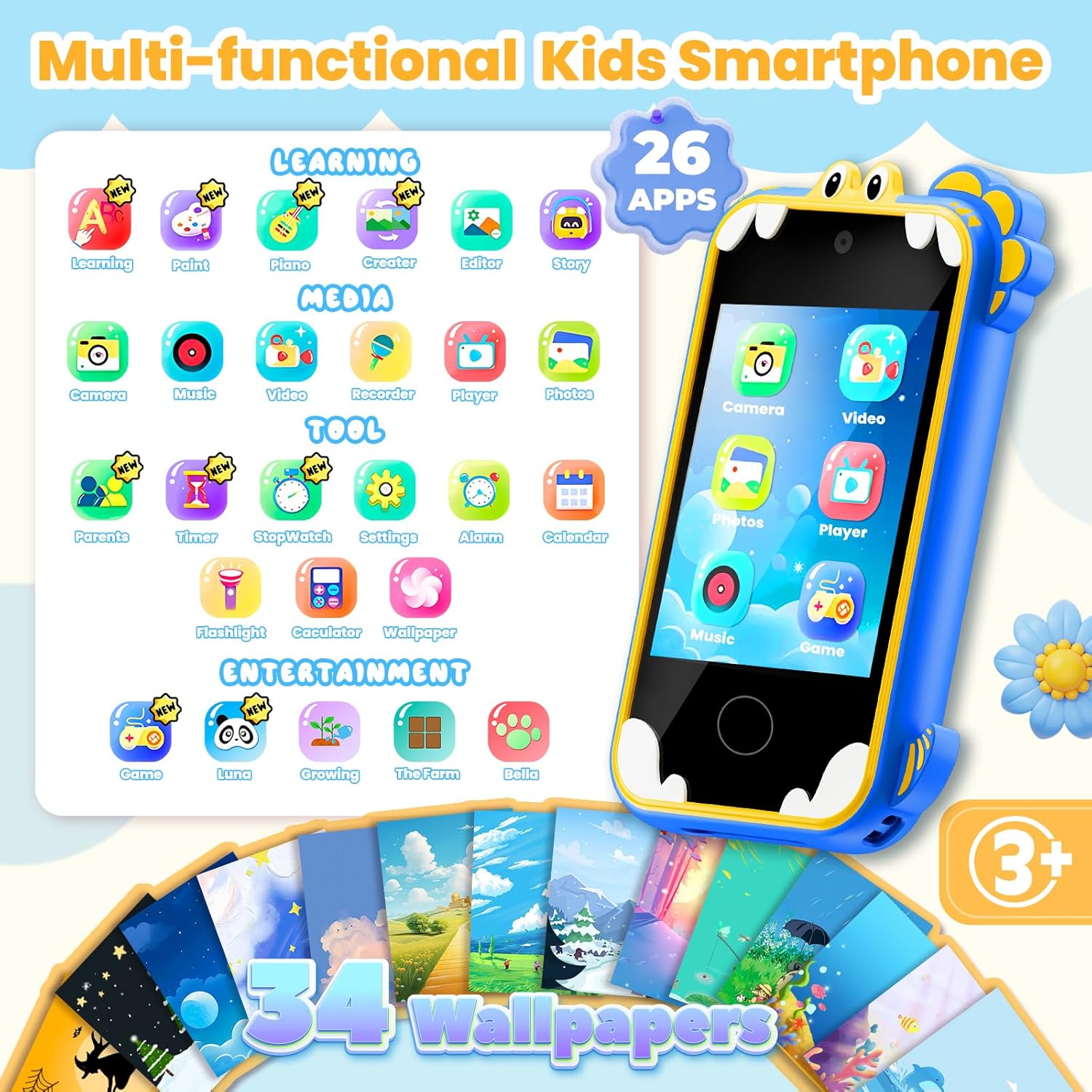 Kids Phone for Girl Toys, Kids Camera Toy Smart Phone Birthday Gifts Toddler Ages 2, 3, 5, 7, 8, 10 Year Old, Educational Learning Toys with 2.8" Touchscreen, Music Player, Video Player, Game (Blue) image 2 of 7 B0DRYJGC49