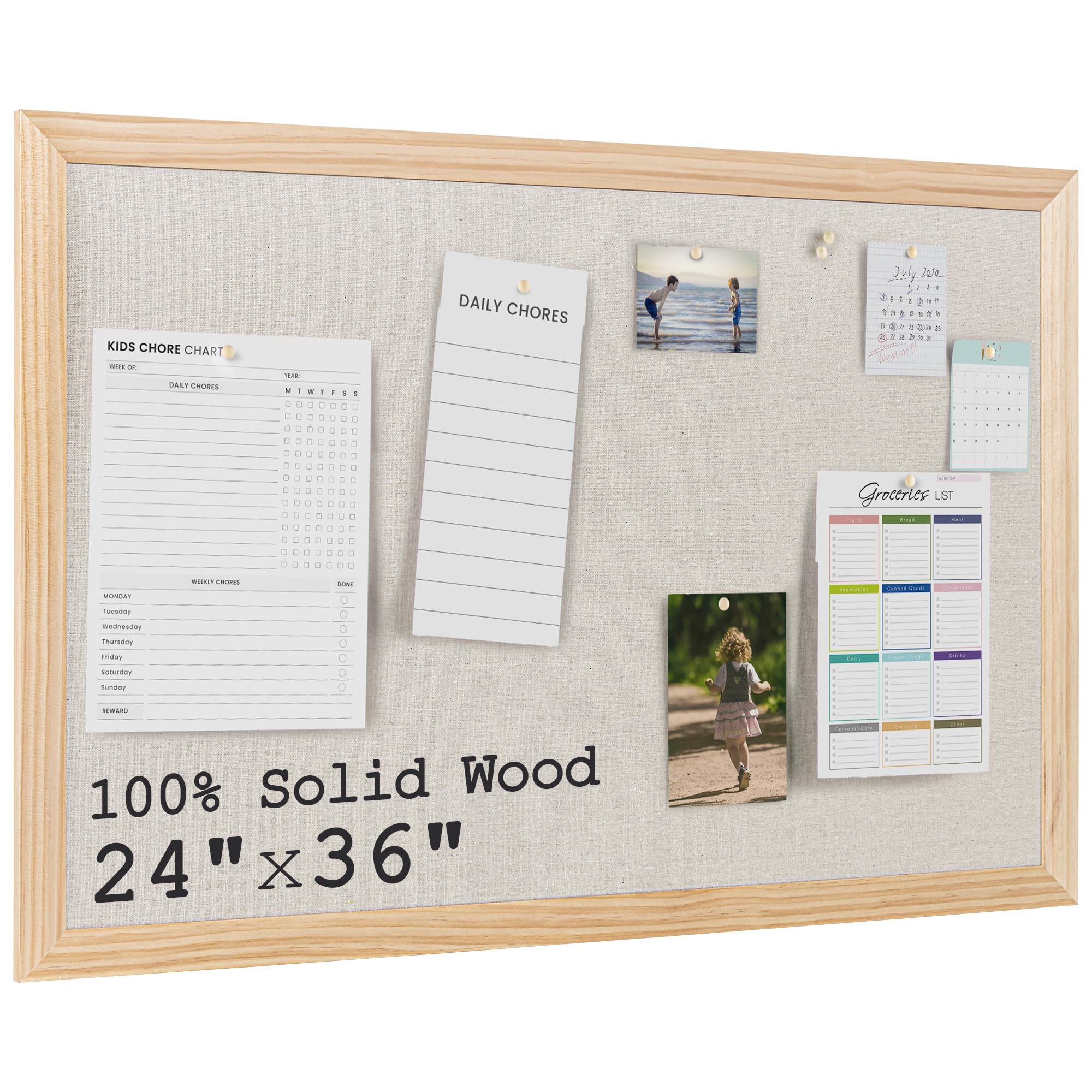 Bulletin Board Cork Board with Linen, 100% Wood Framed 24" x 36" Bulletin Board Decorations, Pin Boards for Walls, Wall Mounted Fabric Picture Board