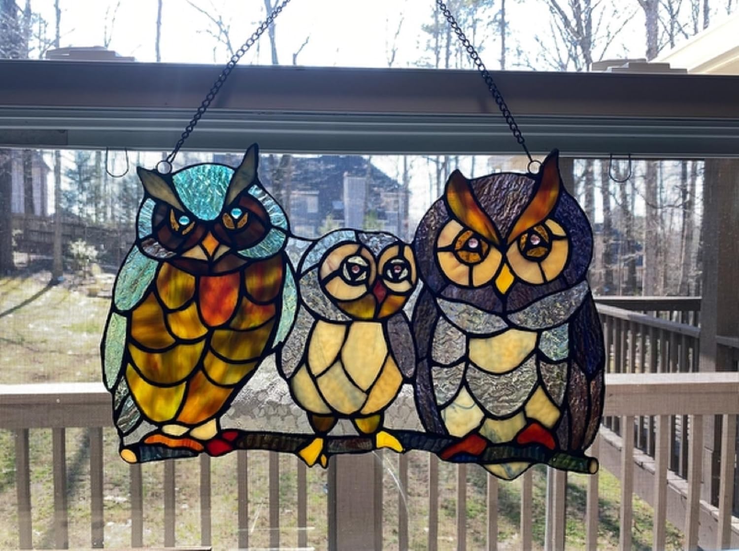Chloe Lighting Ollie Tiffany Owls Family 11x17 Stained Glass Window Panel, Multi-Color