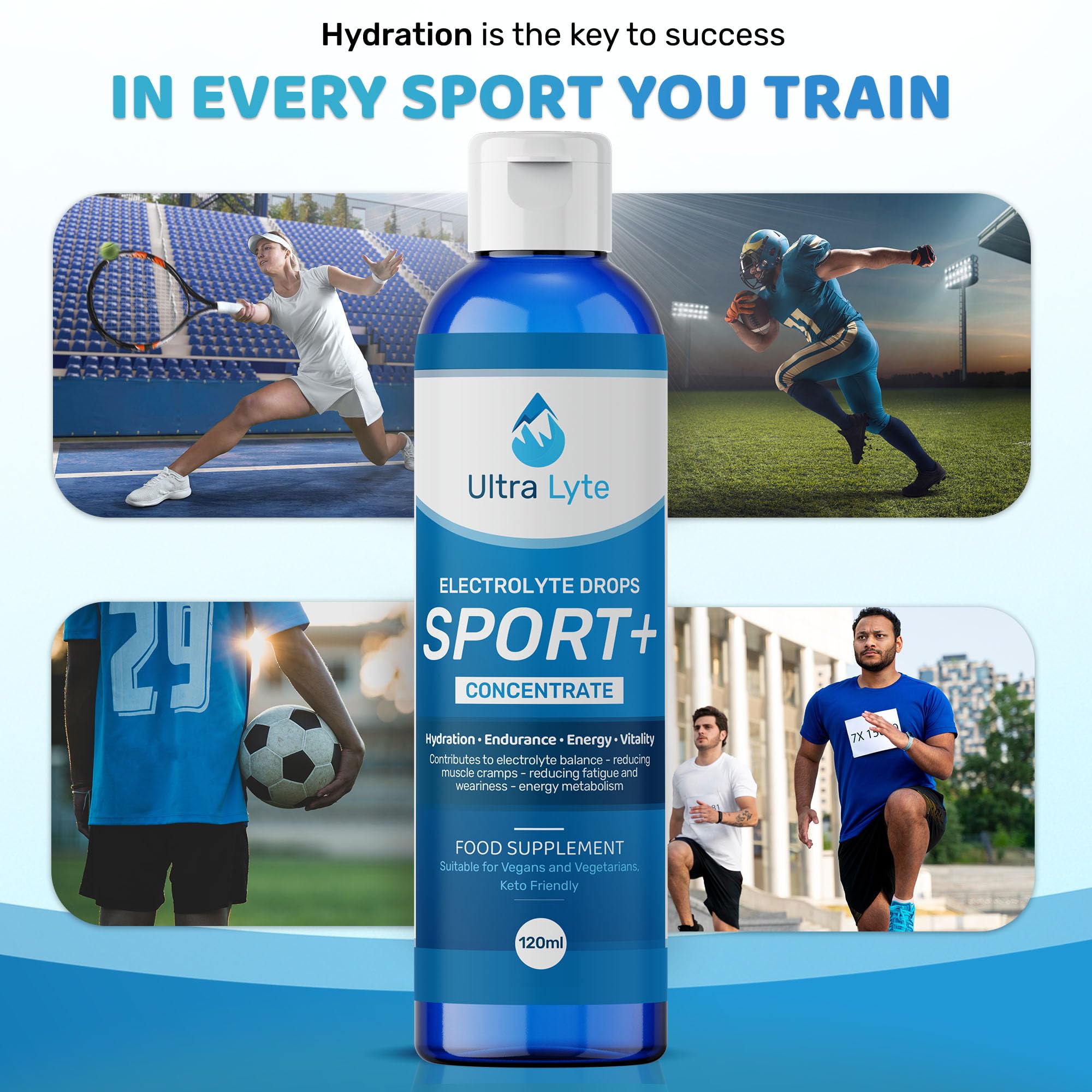 Ultra Lyte Gotas electrolíticas Sport Plus – Apoyo electrolítico ceto para una hidratación rápida, sin azúcar, sin gluten, alivio muscular, botella de 120 ml, para atletas y personas activas