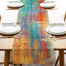 Vintage Blue Orange Dining Table Runner, Retro Abstract Messy Rust | Painting Burlap Kitchen Decoration, Modern Rustic Texture Indoor Outdoor Home Decor Party Supply 13 x 90 Inches