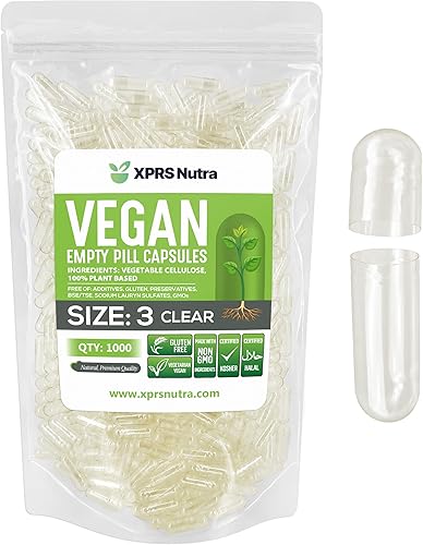 Miniatura 1 de XPRS Nutra Cápsulas vacías de tamaño 3  1000 cápsulas veganas vacías transparentes  Cápsulas Express vegetarianas vacías para píldoras  Relleno de