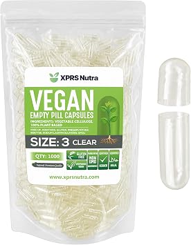 XPRS Nutra Size 3 Empty Capsules - 1000 Count Clear Empty Vegan Capsules - Vegetarian Pills - DIY Vegetable Capsule Filling - Veggie Pill Caps