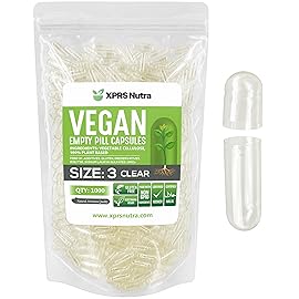 XPRS Nutra Size 3 Empty Capsules - 1000 Count Clear Empty Vegan Capsules - Vegetarian Pills - DIY Vegetable Capsule Filling - Veggie Pill Caps