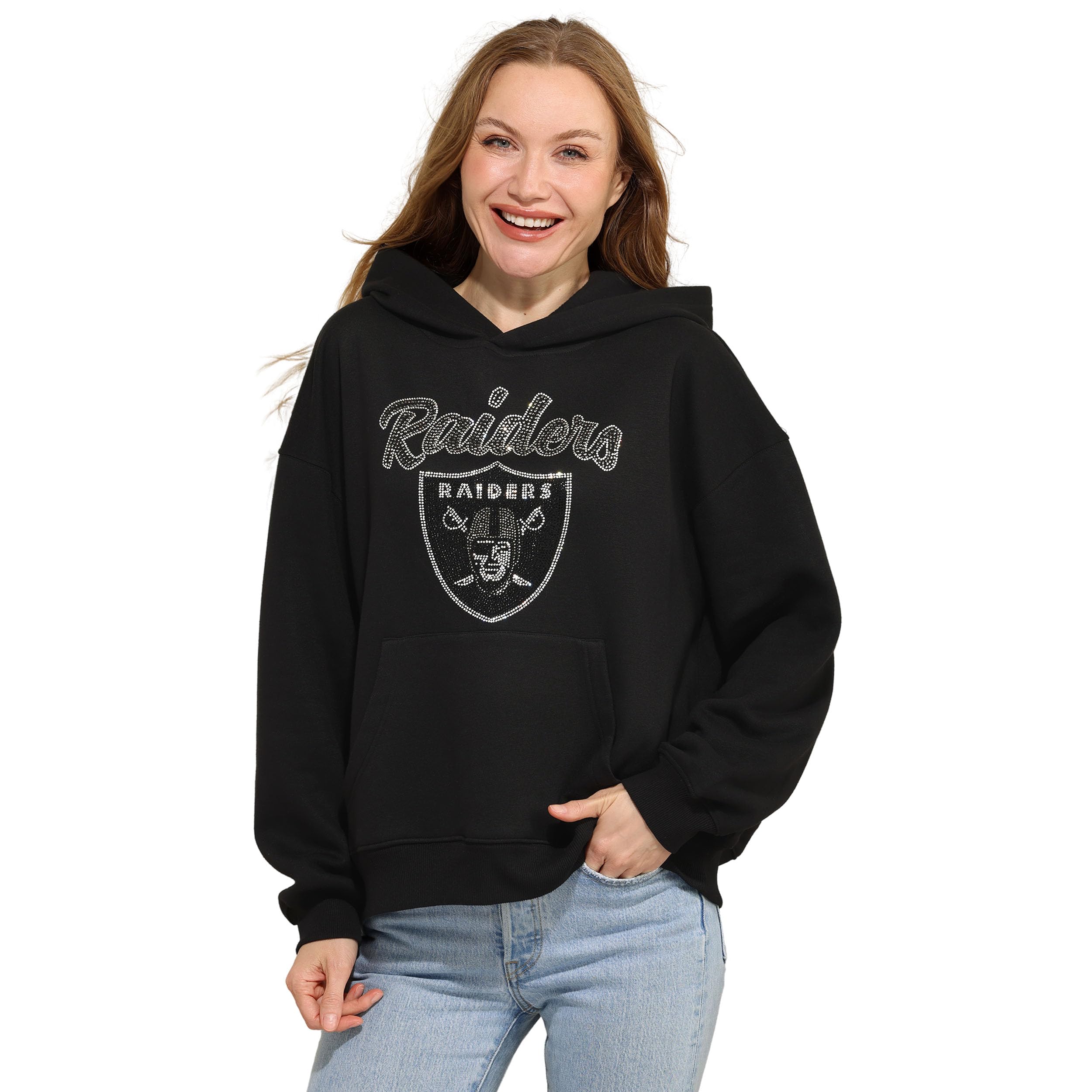 FOCO NFL womens Nfl Rhinestone Team Logo Oversized Oversized Hoodie Sweatshirt