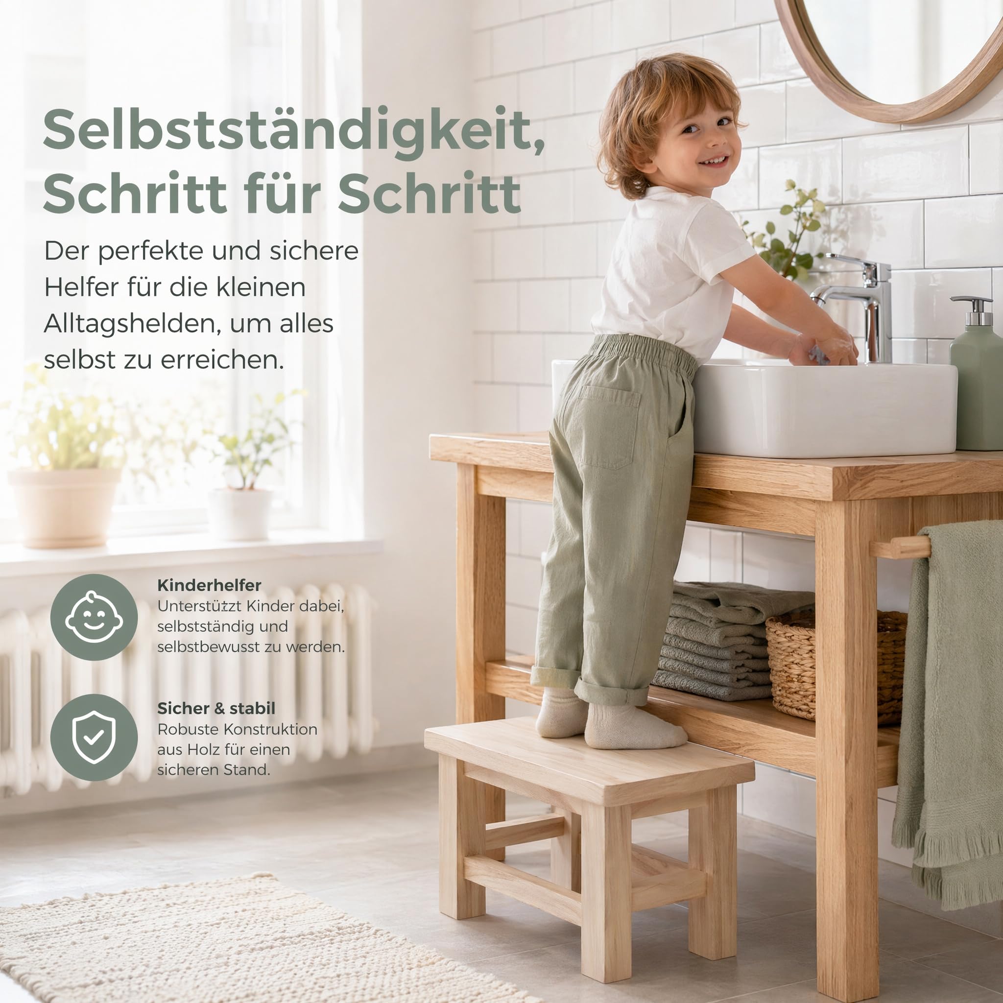 UKCOCO Holzhocker Massivholz 30×20×18 cm – Stabiler Tritthocker für Kinder & Erwachsene zum Händewaschen, Zähneputzen & Schuhwechsel – für Bad, Küche, Flur & als Blumenhocker | Für Bad & Küche, ideal für Kinder zum Zähneputzen, praktisch beim Schuhwechsel