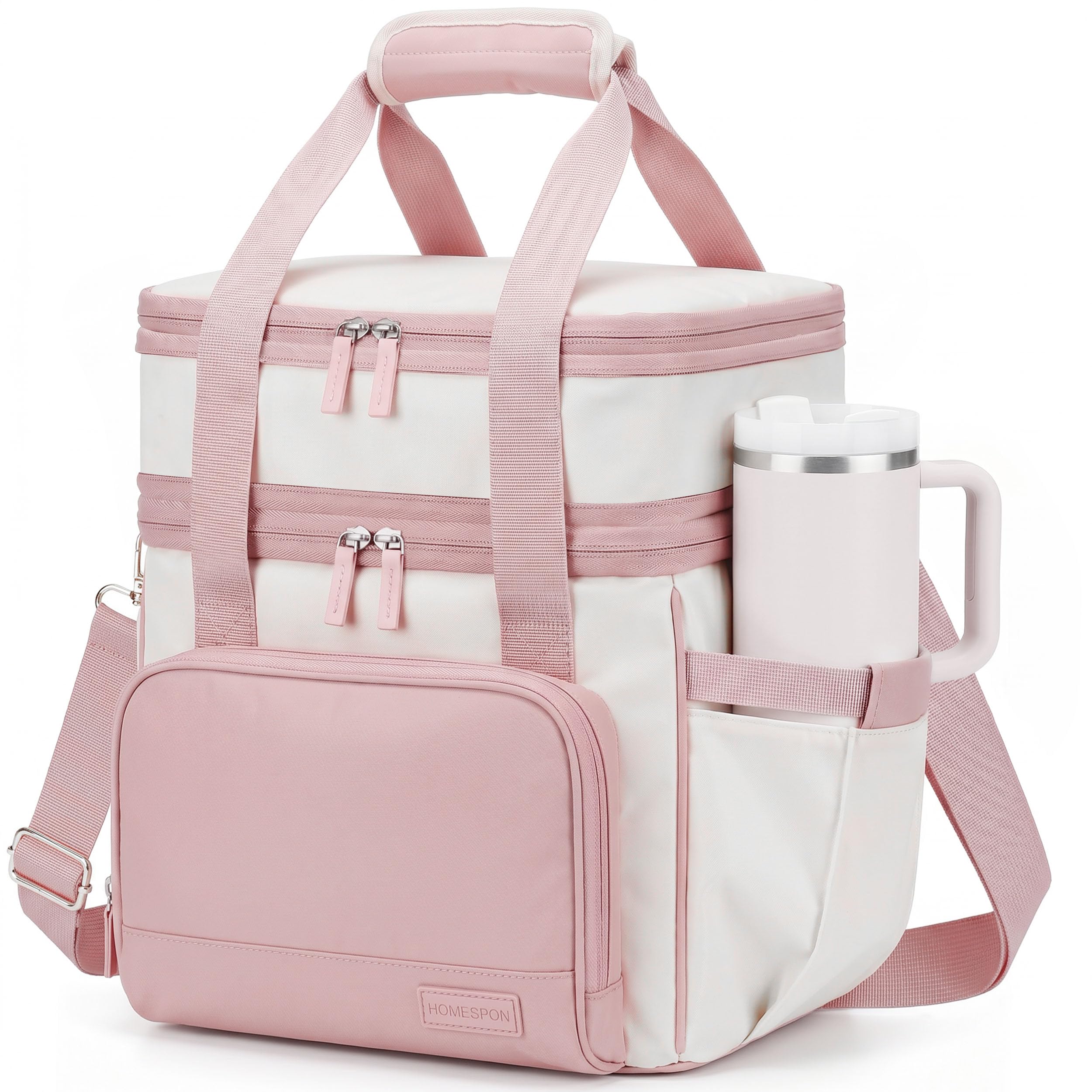 HOMESPON Large Insulated Lunch Bag for Women, 15L Double Layer Leakproof Cooler Bag with Shoulder Strap, Waterproof Thermal Lunch Box Tote for Work, Office, School, Picnic (Beige Pink)