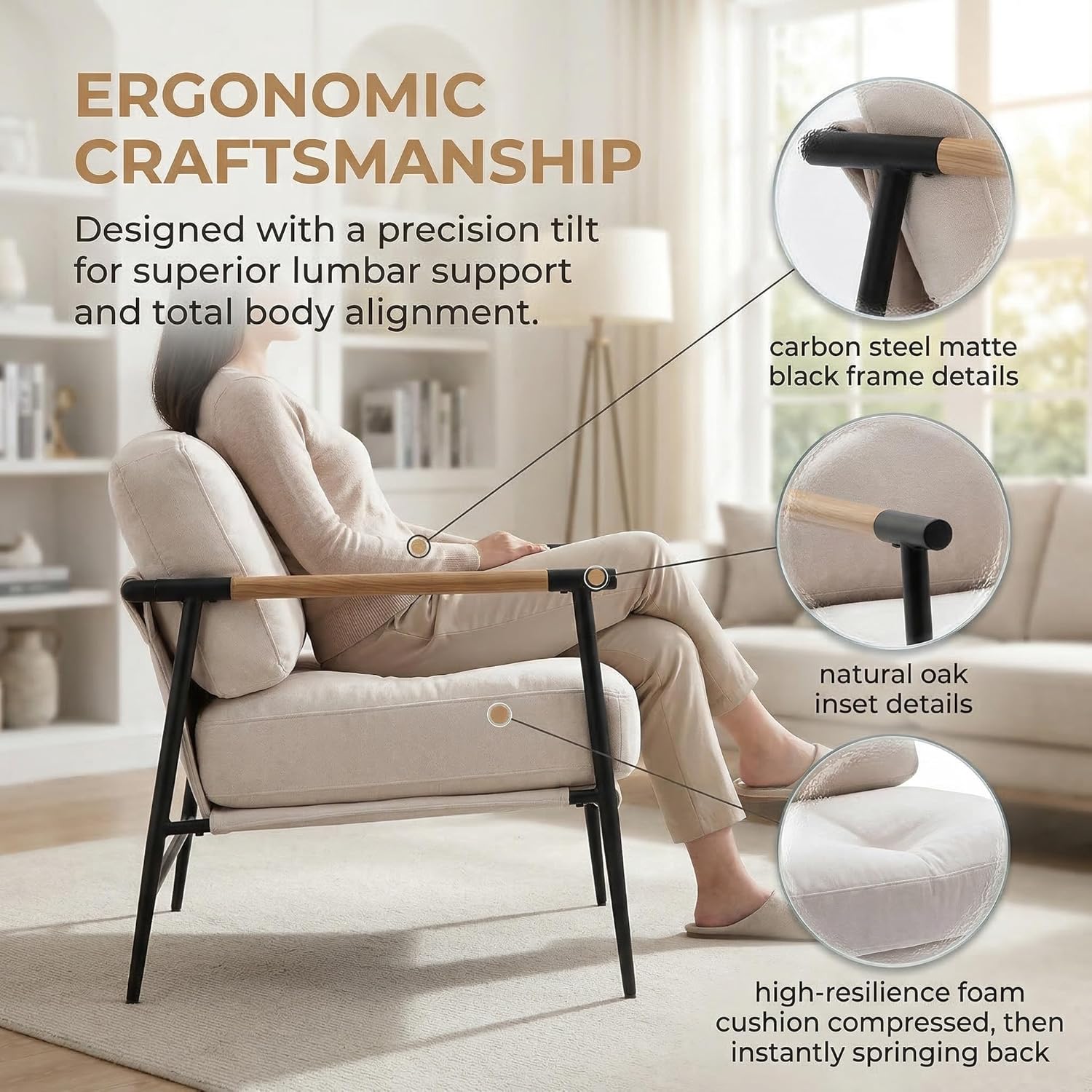 DUOMAY Beige Modern Accent Chair Chenille Upholstered Lounge Bedroom Chair with Metal Legs Comfy Lightweight Living Room Chair Armchair for Home Reading