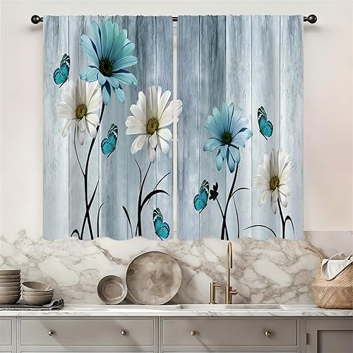 Cortinas de cocina vintage con estampado de flores de granja de 27.5 pulgadas de ancho x 39 pulgadas de largo, 2 paneles con bolsillo para barra,