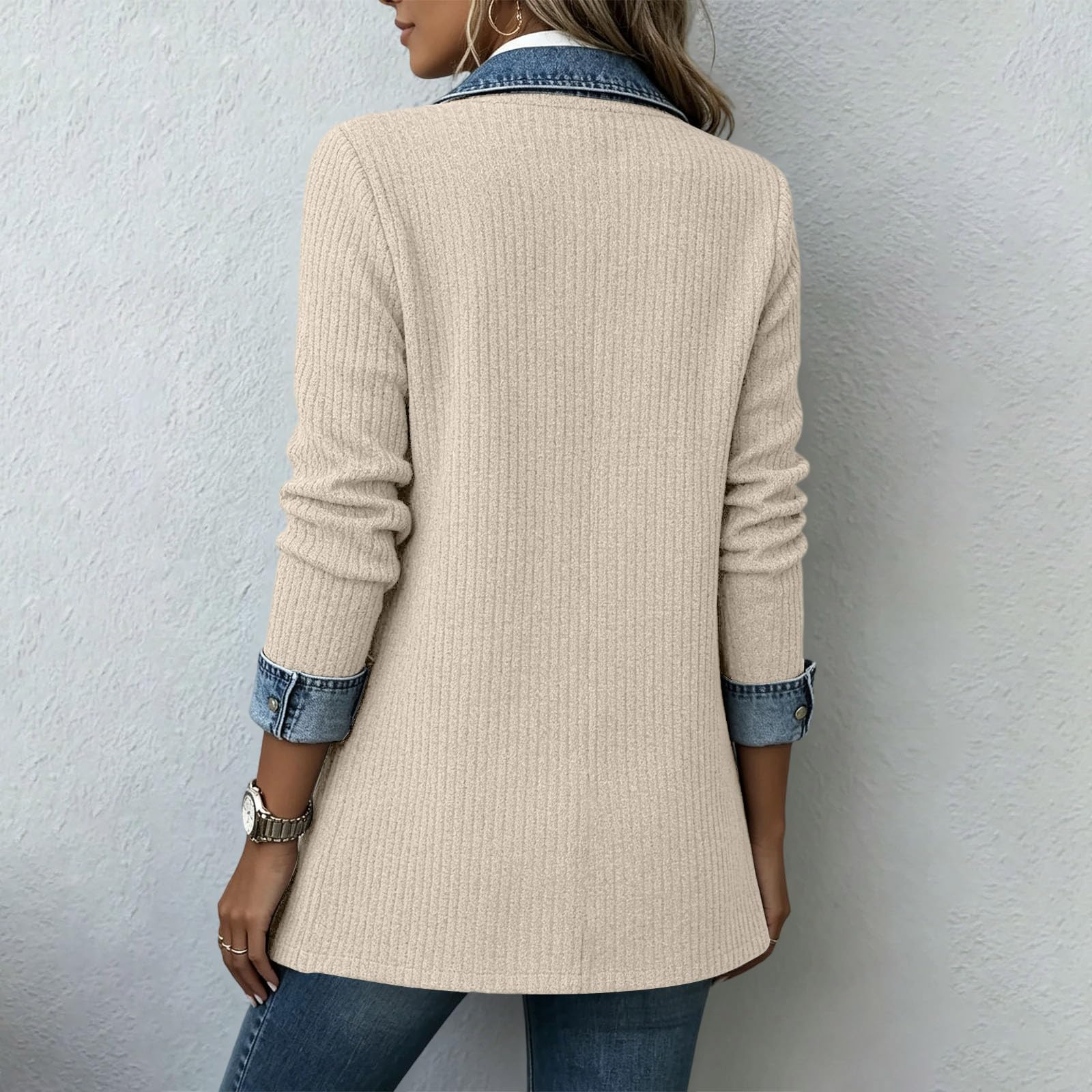 Strickjacke Damen Blazer mit Jeans Kontrastbesatz Rippstrick Lockerer Gestrickter Blazer Ein-Knopf Verschluss Langarm Jacke Mantel mit Taschen Casual Business Übergangsjacke Herbst Winter