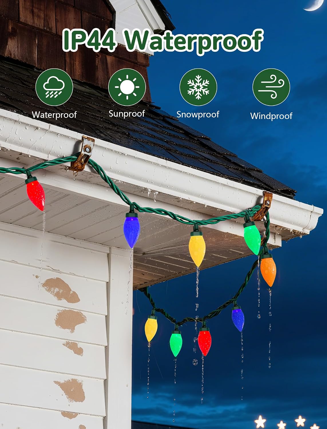 SUNSGNE C9 LED Christmas Lights Outdoor - 26FT Christmas Tree Lights with 50 Colored LED Bulbs for Holiday Party Roofline Backyard Garden Patio Decor - Green Wire