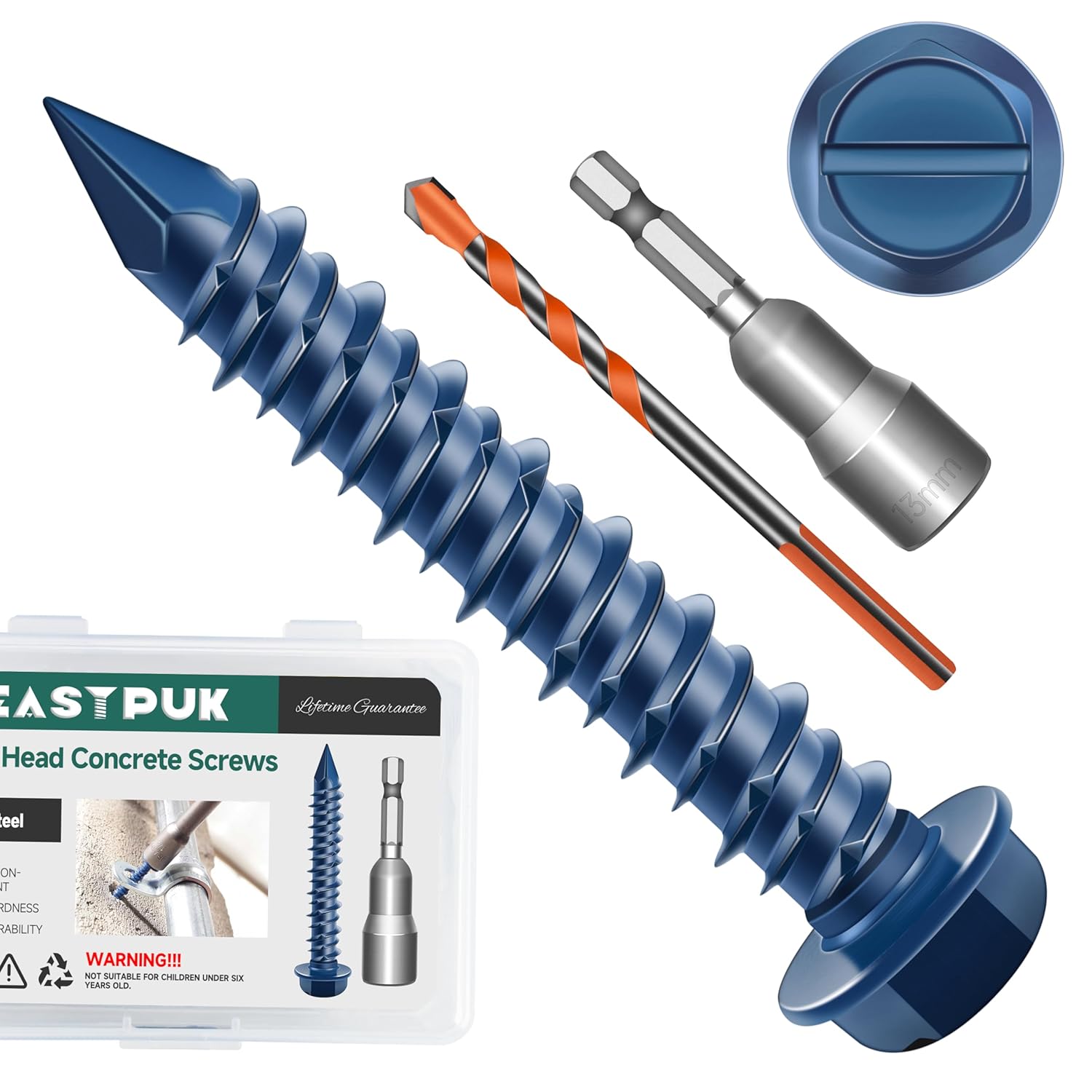 30Pcs 1/4x 1-1/4" Concrete Screws Anchors with Drill Bit, Hex Washer Head Concrete Masonry Screws for Masonry, Block, Brick Stucco, Blue Coated Cement Screw