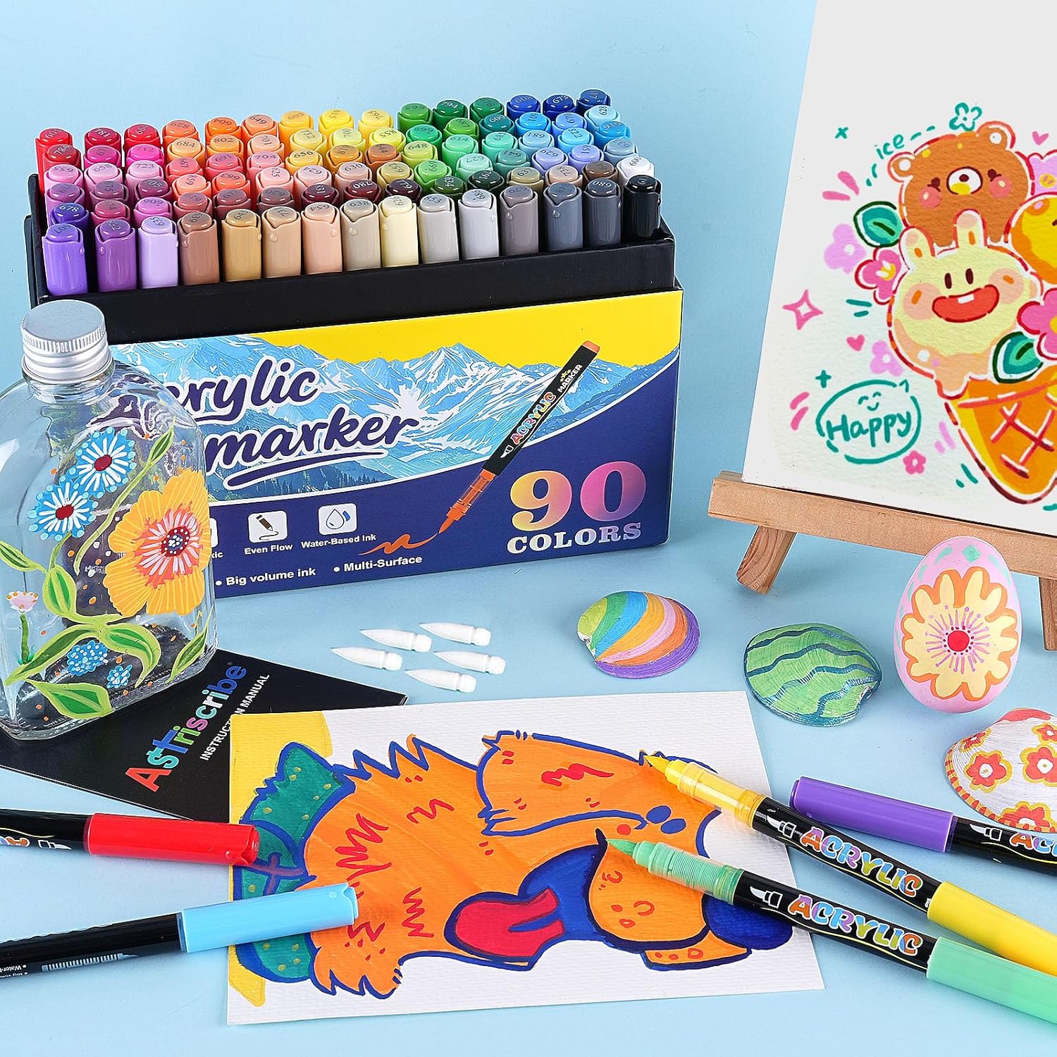 90 Colors Acrylic Paint Pens Set – Water-Based Paint Markers with Brush Tip (1–5 mm), Quick-Dry and Non-Toxic, Automatic Ink Control for Rock, Wood, Glass, Metal, and Fabric