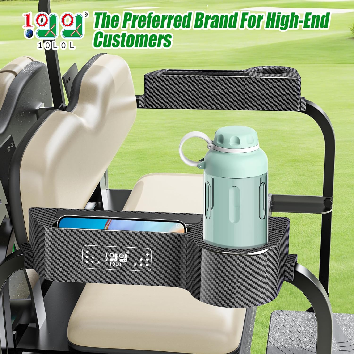 10L0L All-in-One Golf Cart Armrest with Cup Holder, No-Drill Installation for Yamaha Club Car EZGO, ABS Material, Built-in Phone Holder & Golf Tee Holder & Golf Ball Storage - (Fits 1"-1.25" Tube)