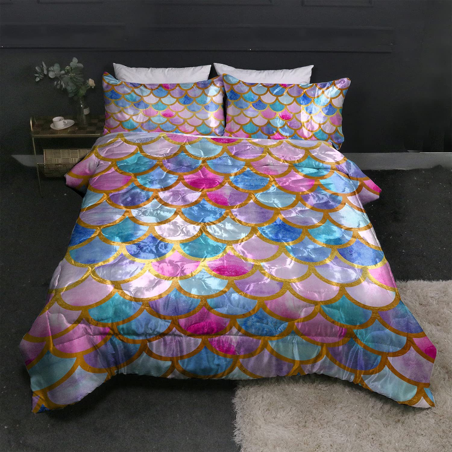 BlessLiving Satin Bedding Mermaid Scale Bed Comforter Full/Queen Set Watercolor Pastel Pink Purple Teal Girly Bed Set 3 Piece 3D Fish Scale Comforter Set for Kids Teens
