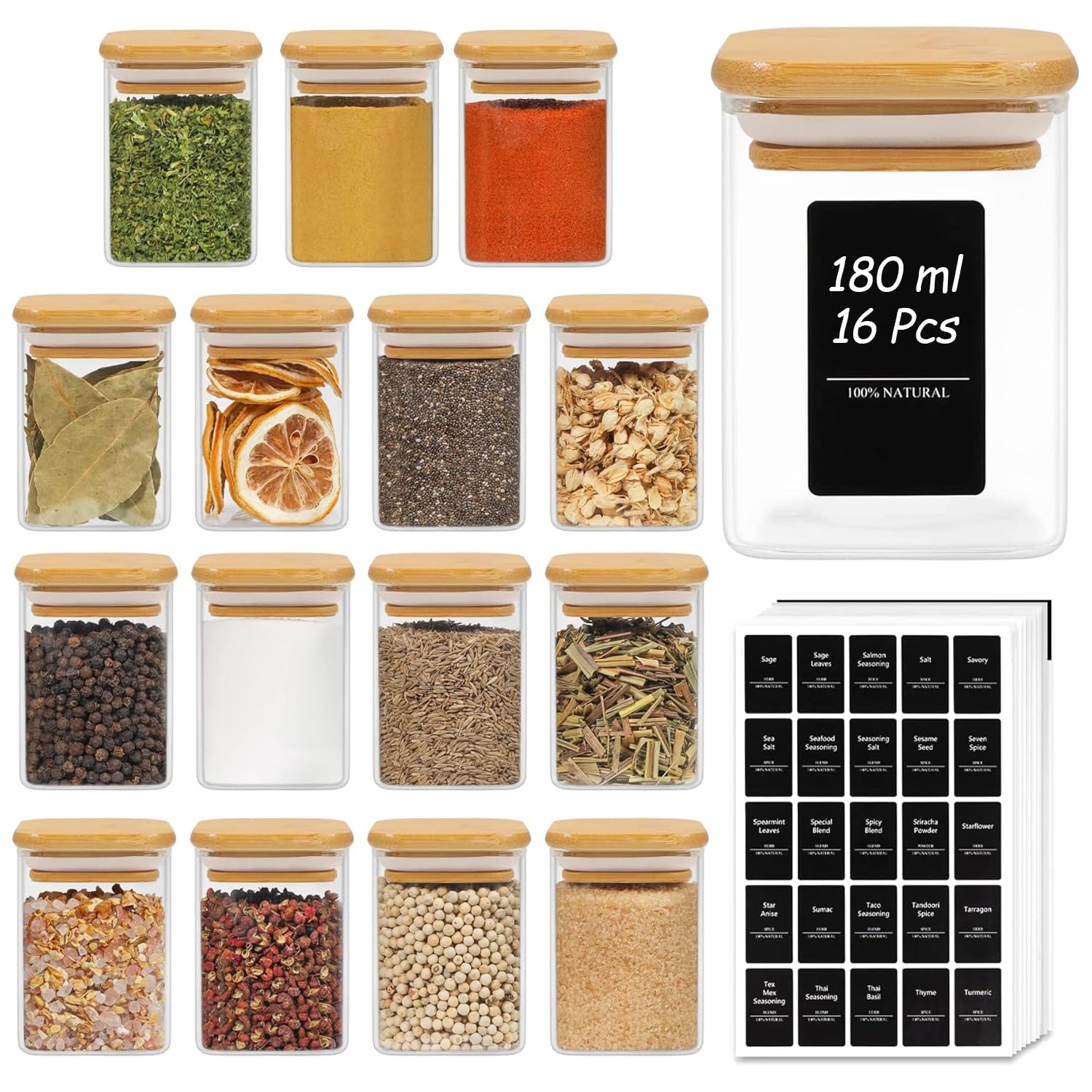 ComSaf Pots à Épices Avec Étiquettes 180 Ml 16 Pièces, Pot à Épices Carrés Avec Couvercle, Bocaux en Verre Hermétiques, Salière, Sucrier, Paprika Doux, Rangement et Organisation de Cuisine